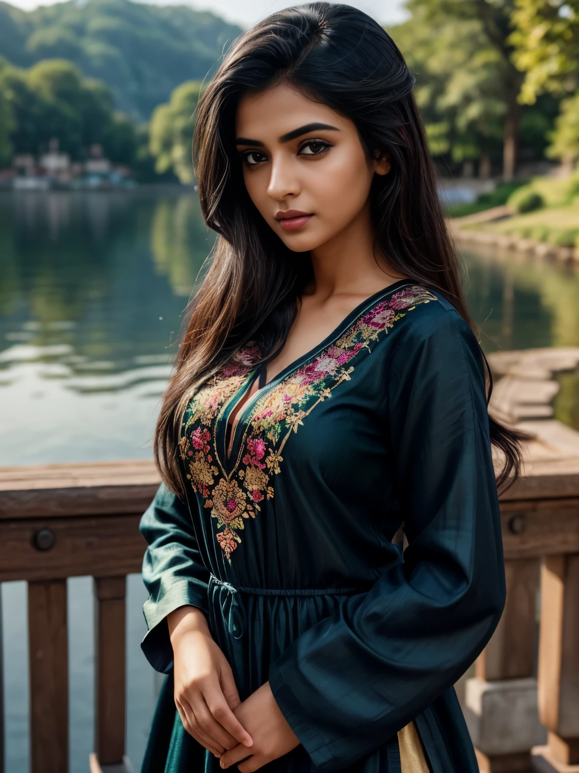 ultra-realistic photographs,Indian Instagram female model,mid 20s,9:16,mid-shot,beautiful detailed eyes,detailed lips,longeyelashes,black stylish hair, naturally full eyebrows,perfectly formed nose,expressive face,attractive appearance,candid photo,vibrant and colorful salwar-kameez dress, heavily embroidered dress, lake background, serene atmosphere,stunning architecture,soft and natural lighting,vivid colors,photorealistic,HDR,highres,studio lighting,ultra-detailed,bokeh,fully covered clothes
