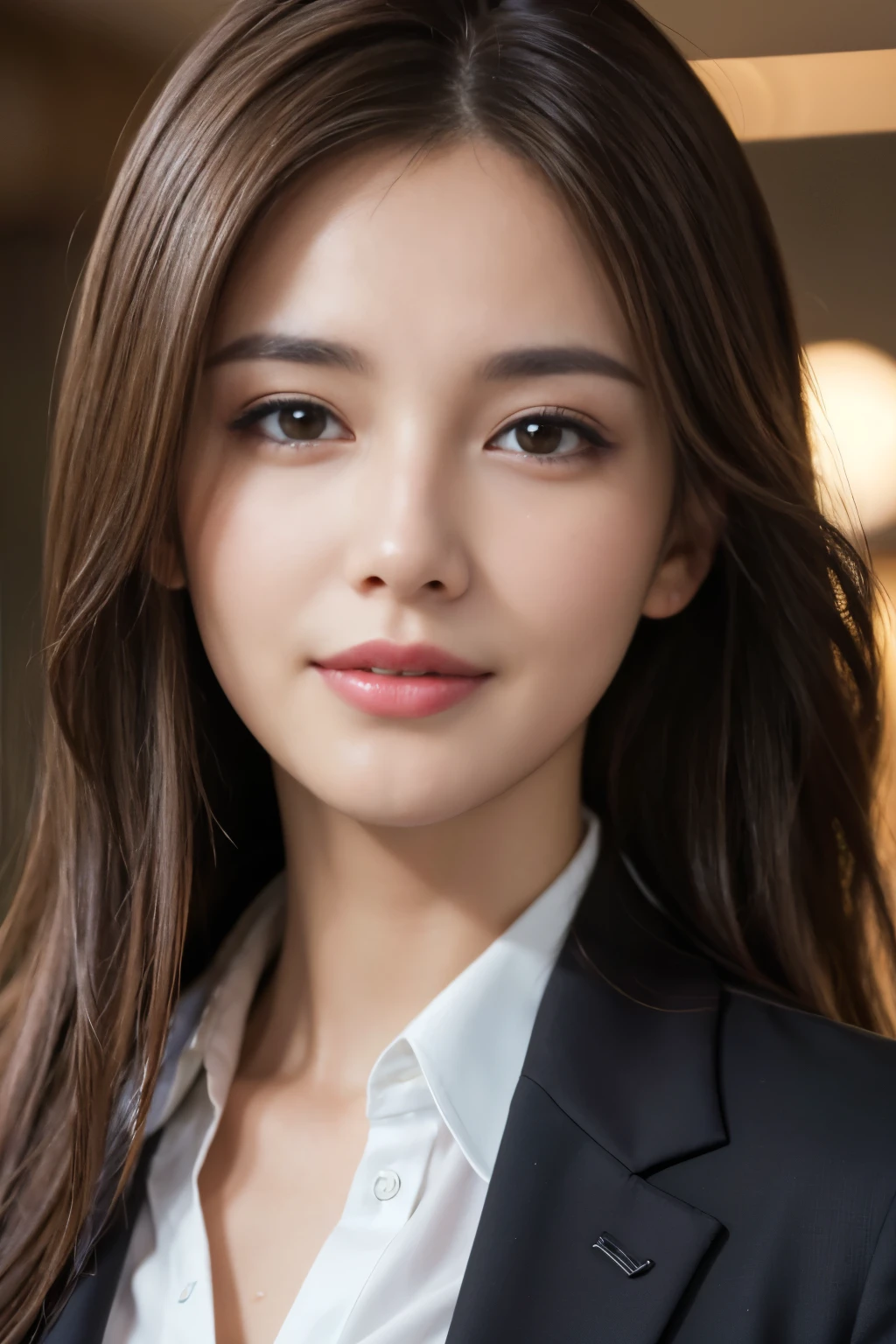 table top, highest quality, realistic, Super detailed, finely, High resolution, 8k wallpaper, 1 beautiful woman,, light brown messy hair, wearing a business suit, sharp focus, perfect dynamic composition, beautiful and detailed eyes, thin hair, Detailed realistic skin texture, smile, close-up portrait, model body shape