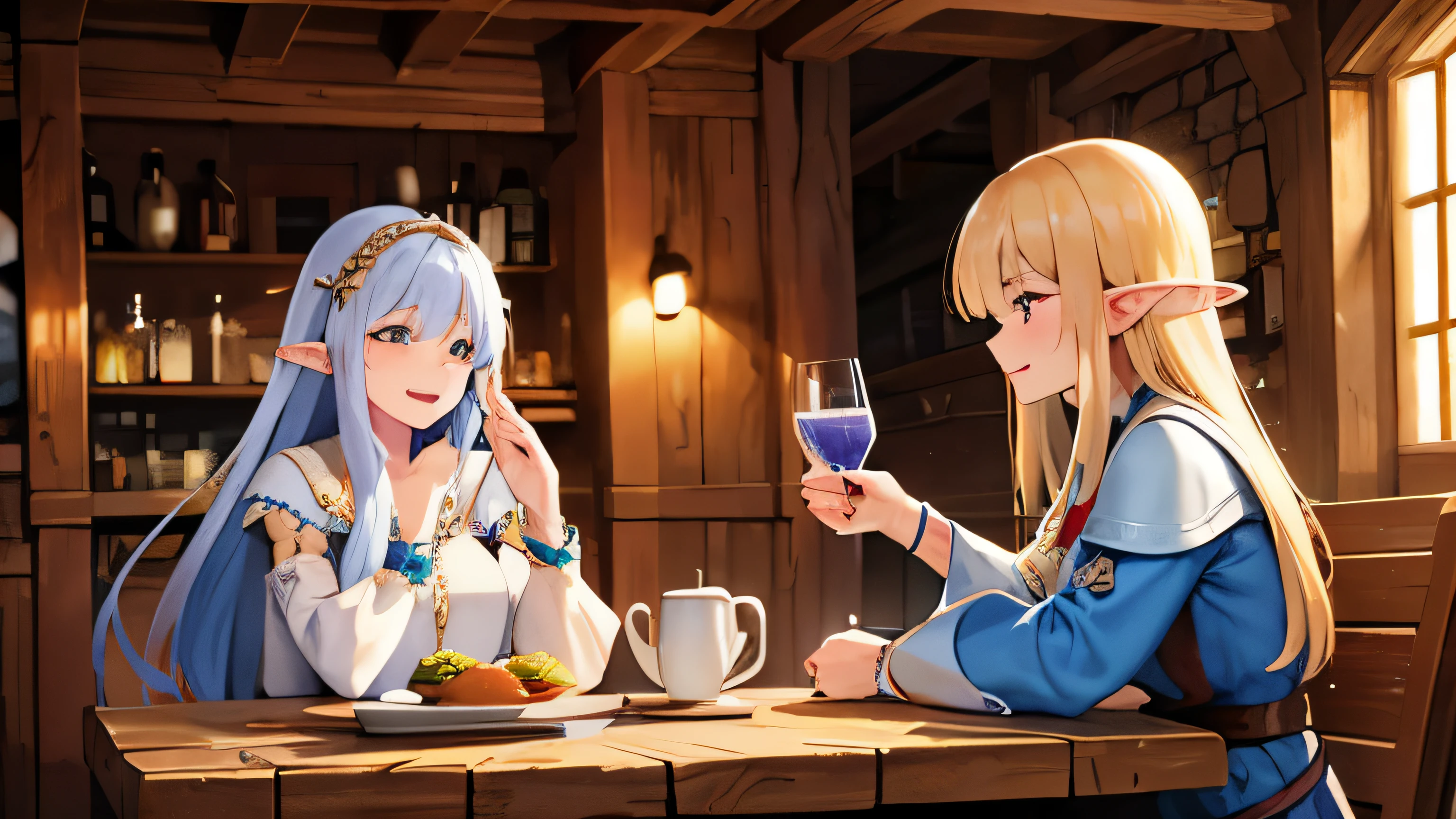 super high quality, 8k, Inside a charming medieval tavern, A band of eclectic adventurers finds solace and blessing. (elf healer), (human priest), A person who gives a heartfelt blessing while drinking alcohol., tungsten々new, (Dwarven warriors)、(Cheers from the heart), Hold up your mug, talk about the battles fought, (female thief), observation, her eyes shone cunningly. together, They create an unforgettable night of friendship, laughter, Share your story at the heart of a world that touches both magic and faith