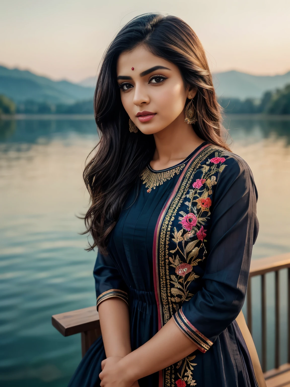 ultra-realistic photographs,Indian Instagram female model,mid 20s,9:16,mid-shot,beautiful detailed eyes,detailed lips,longeyelashes,black stylish hair, naturally full eyebrows,perfectly formed nose,expressive face,attractive appearance,candid photo,vibrant and colorful salwar-kameez dress, heavily embroidered dress, lake background, serene atmosphere,stunning architecture,soft and natural lighting,vivid colors,photorealistic,HDR,highres,studio lighting,ultra-detailed,bokeh,fully covered clothes