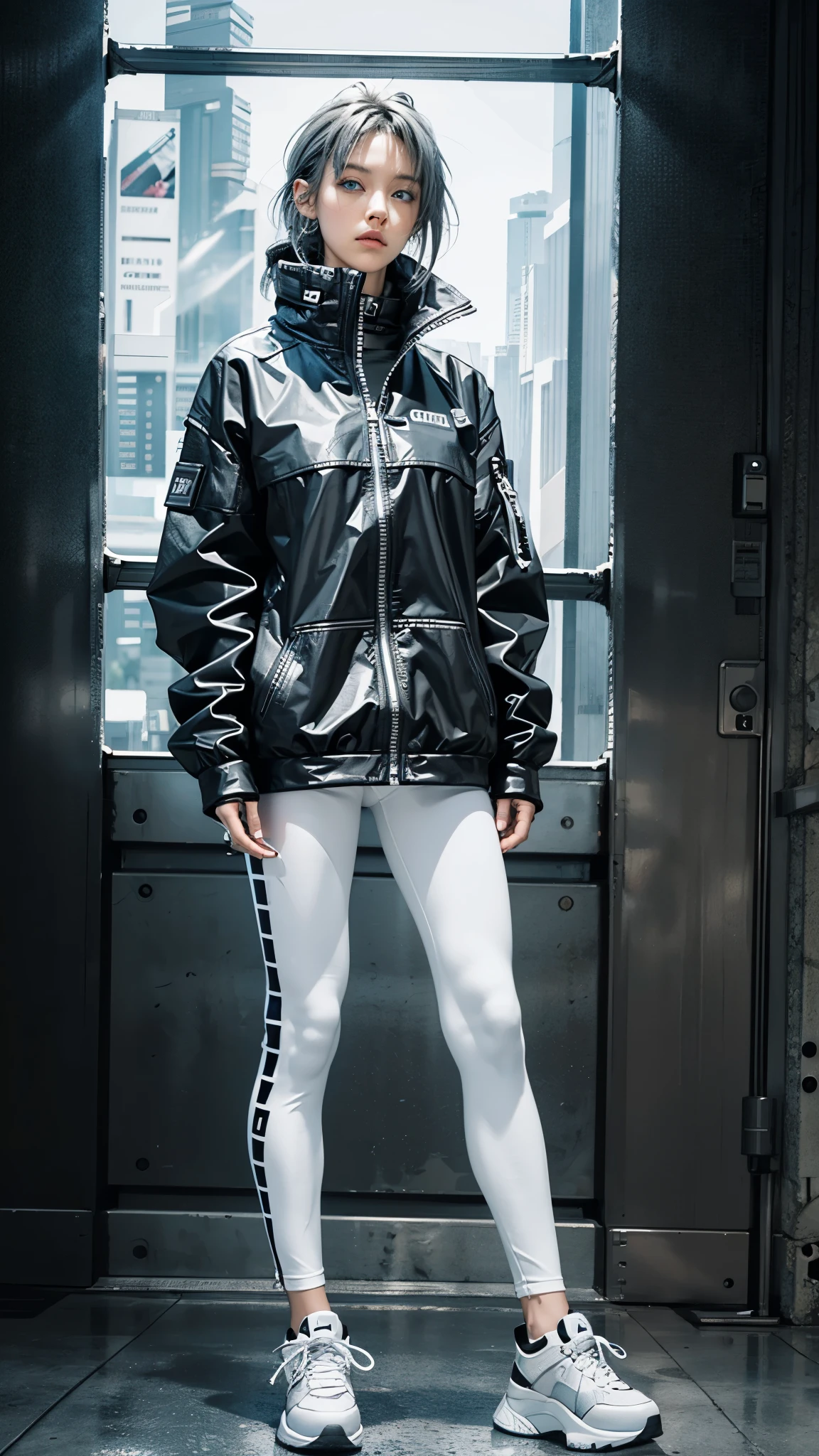 (fashion brand collection, beautiful grid, catalogue, multiple wear:1.6), highly detailed, beautiful, masterpiece, best quality, Geometric style, abstract beauty,1 girl, (all body shot, standing and posing:1.3), approaching perfection, digital painting, artstation, (concept art:1.3), illustration, white and black colors, Geometric patterns, abstract forms, Complex, surreal, (Artistic complicated black and white background), BREAK (cyberpunk spring fusion:1.2), (futuristic monochrome style:1.2),
BREAK
(black high-collar MOUNTAIN jacket with shirt hem peeking out, zip up all:1.3), (A large high-collar that hides the Mouth:1.8), (Hide the Mouth with clothes:1.4), (edgy cyberpunk detail:1.2),
BREAK
(white 7/8 length leggings:1.2), (streamlined design:1.2),
BREAK
(black chunky platform high-top sneakers:1.2), (Tactical style:1.2),
(ns:1.4), (revealing outfit:1.3), (gray hair, blue eyes:1.4),