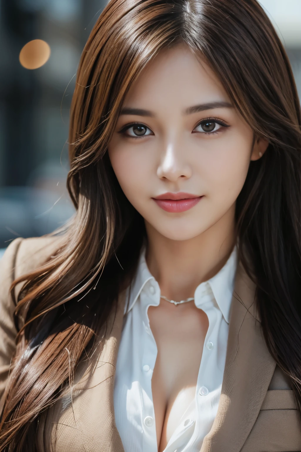 table top, highest quality, realistic, Super detailed, finely, High resolution, 8k wallpaper, 1 beautiful woman,, light brown messy hair, wearing a business suit, sharp focus, perfect dynamic composition, beautiful and detailed eyes, thin hair, Detailed realistic skin texture, smile, close-up portrait, model body shape