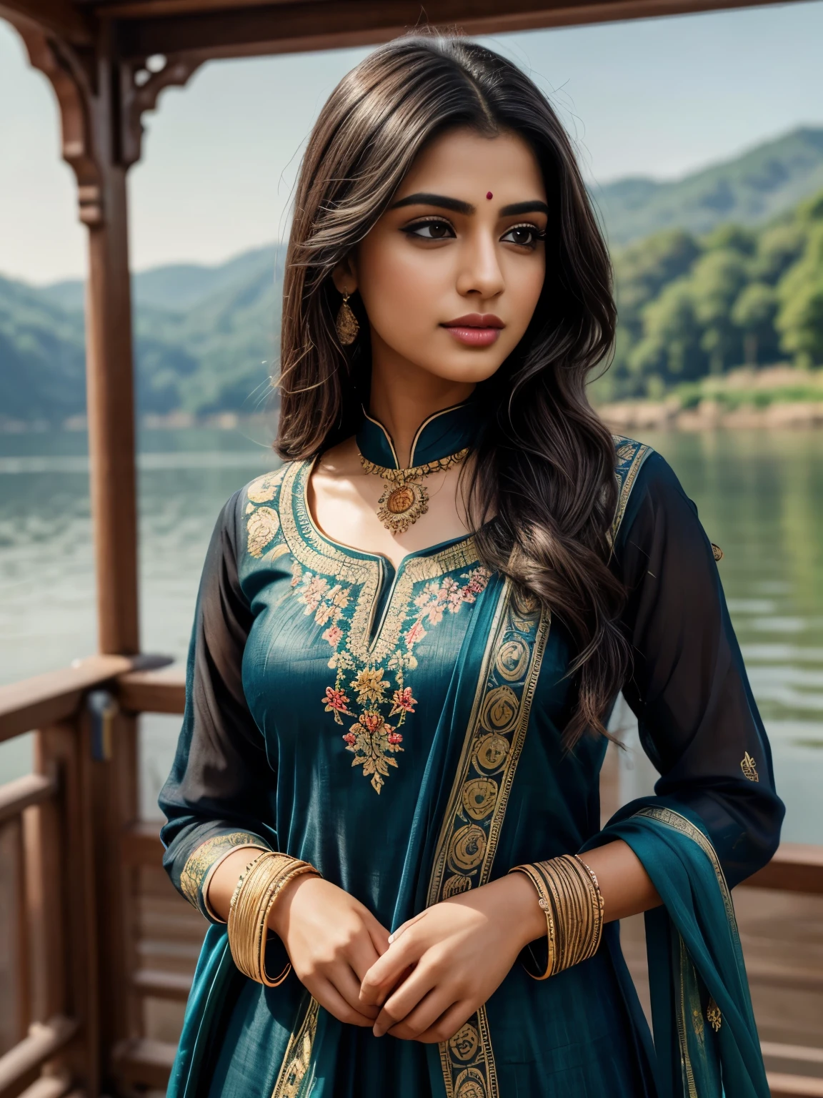 ultra-realistic photographs,Indian Instagram female model,mid 20s,9:16,mid-shot,beautiful detailed eyes,detailed lips,longeyelashes,black stylish hair, naturally full eyebrows,perfectly formed nose,expressive face,attractive appearance,candid photo,vibrant and colorful salwar-kameez dress, heavily embroidered dress, lake background, serene atmosphere,stunning architecture,soft and natural lighting,vivid colors,photorealistic,HDR,highres,studio lighting,ultra-detailed,bokeh,fully covered clothes