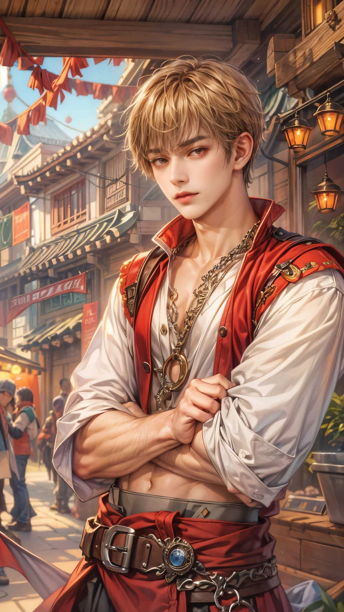 (absurdres, highres, ultra detailed, HDR), masterpiece, intricate details, best quality close-up picture of a character from Ragnarok Online, a character with handsome looks, korean face, original hair, short hair, anime red eyes, silly face, matured teen, pirate theme outfit showing chest, crop top, detailed town market background, festive scenery, detailed character, art kenouji