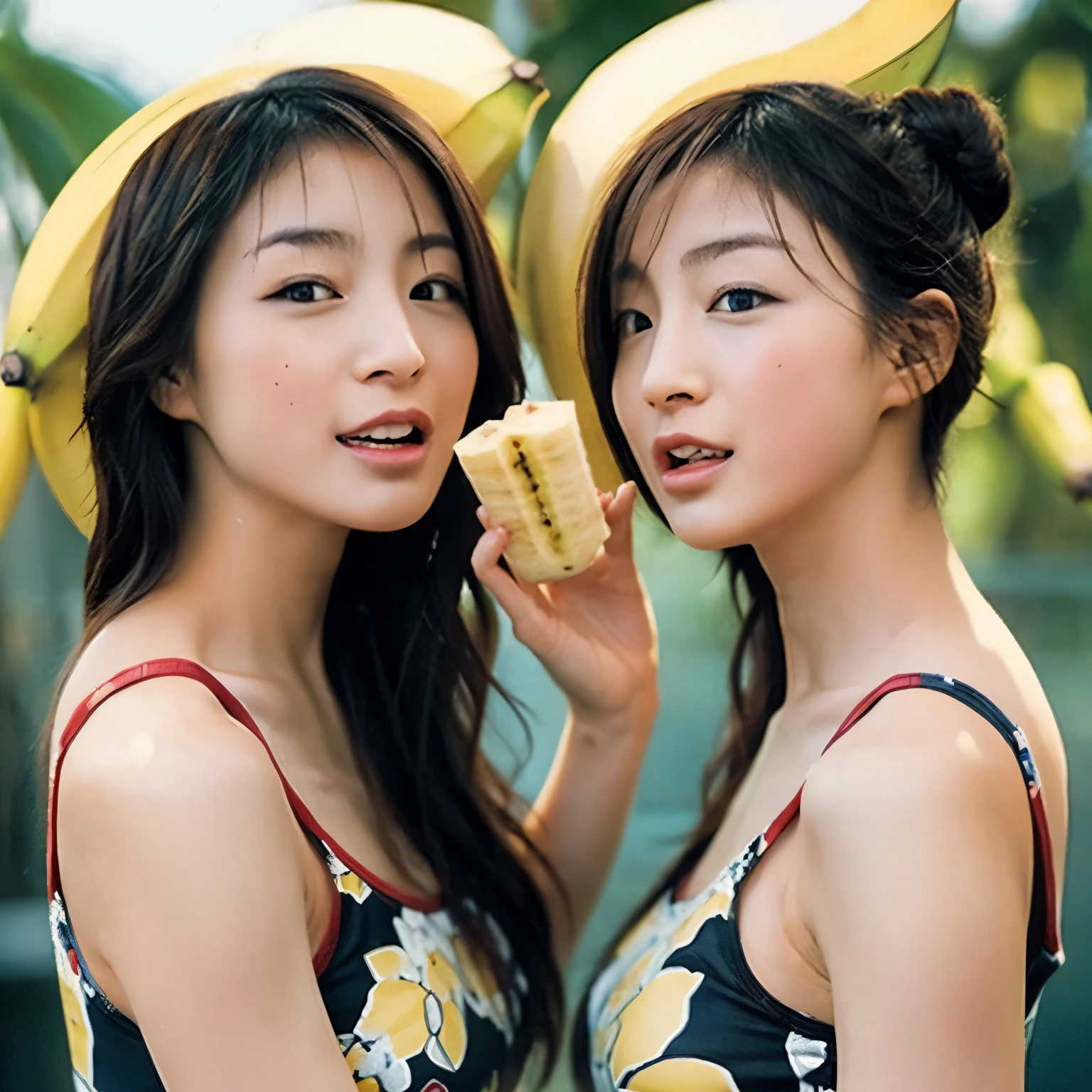 ​masterpiece、top-quality、realisitic、Photorealsitic、Banana-themed paradise、Japan woman in banana style sexy swimsuit、Teen。eating banana、Giant Banana、Banana plantation、Bright décor、A smile、Joy、dynamic ungle、动态照明