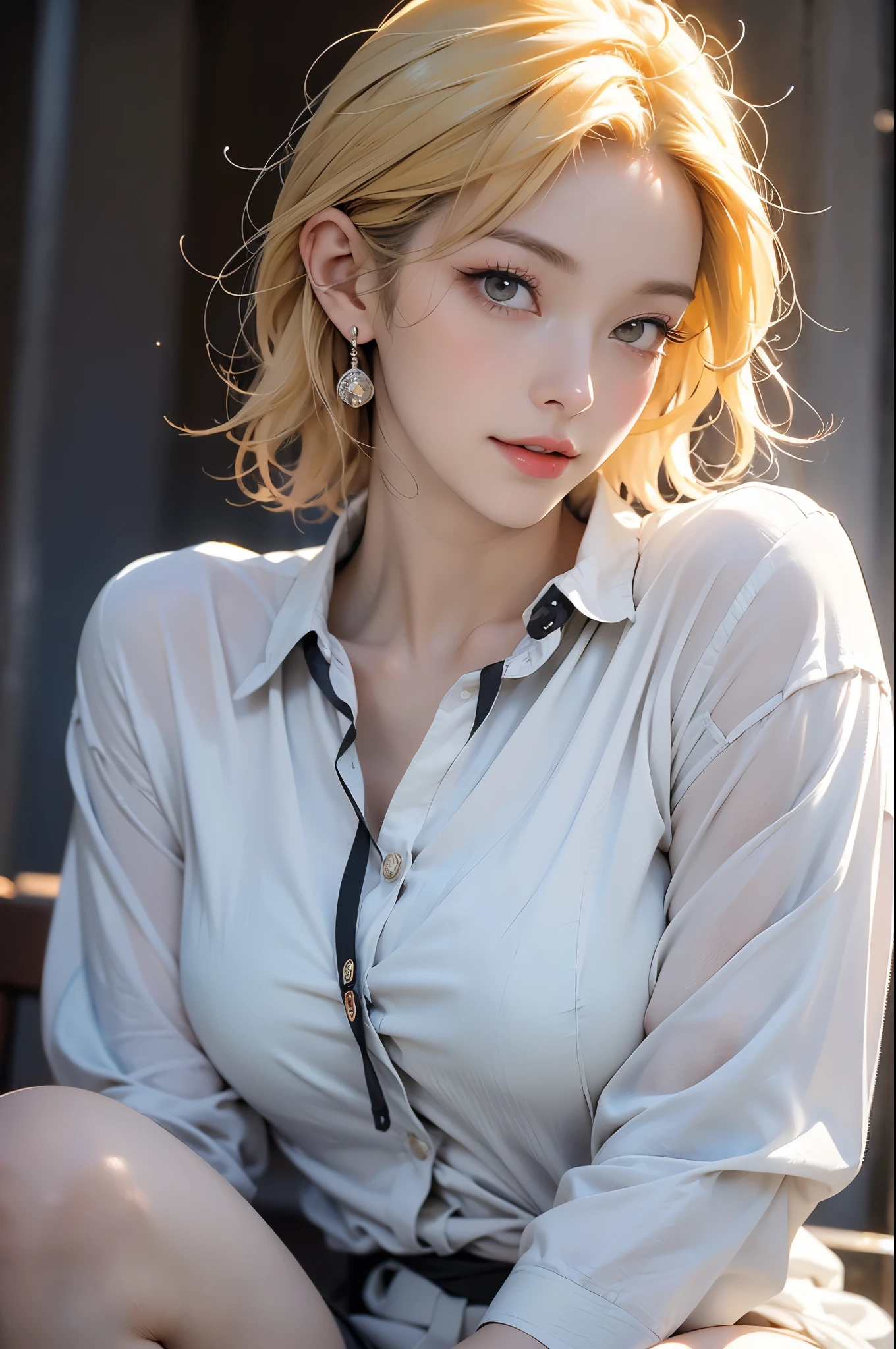 "(best quality, masterpiece:1.2) | Detailed eyes:1.2 1 woman (dynamic angle, point of view, short hair) yellow hair, shirt, open sweatshirt, knee socks, 14 years, Very cute, Detailed, masterpiece."Naked trench (huge breasts:1.2),wet skin((rogue))cool atmosphere,shiny skin,big breasts, big breasts, M cup