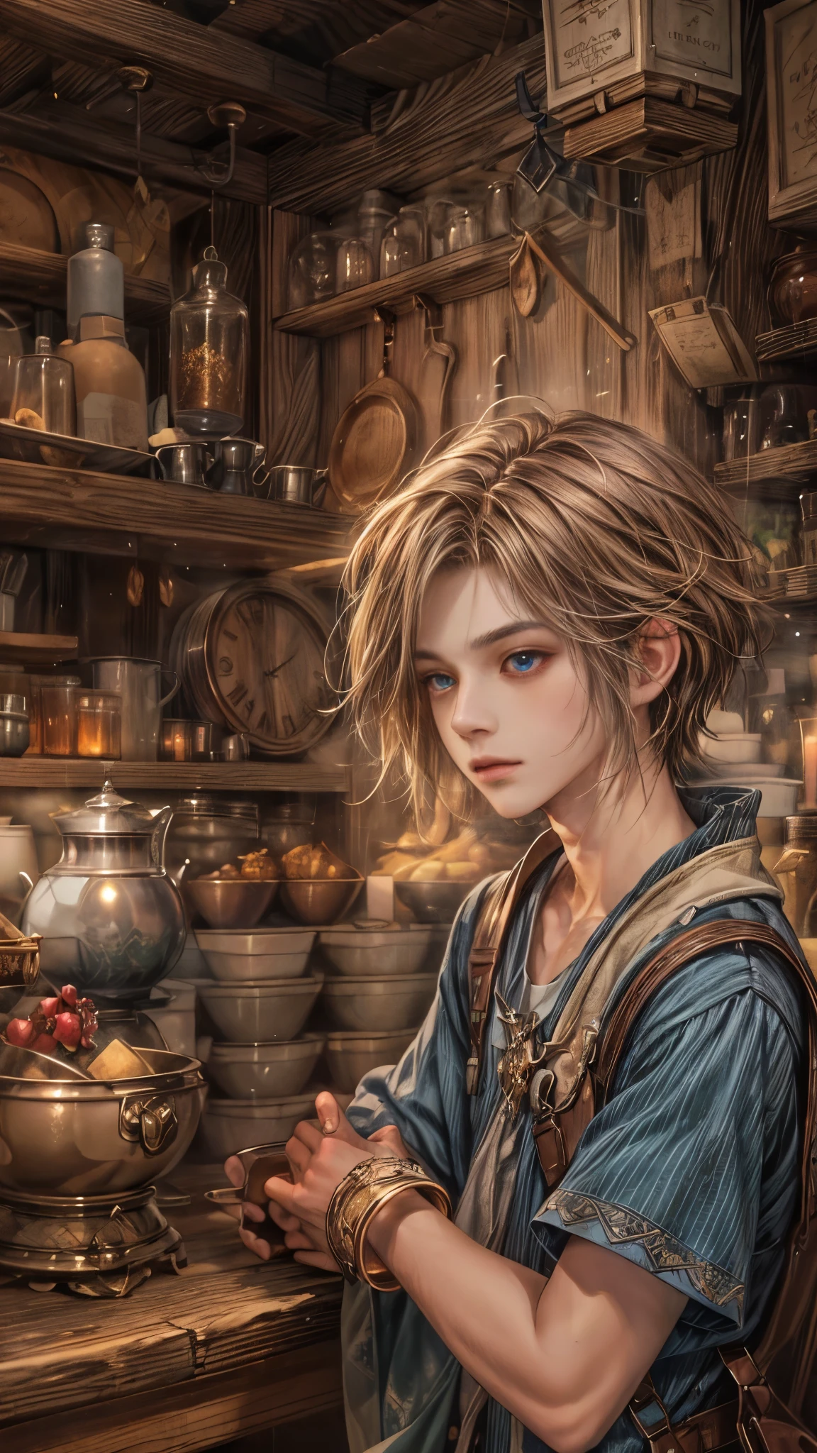 (absurdres, highres, ultra detailed, HDR), masterpiece, intricate, best quality, portrait of a handsome hero from Final Fantasy IX, short hair, korean face, anime eyes, merchant outfit detailed interiors of an rpg items shop, detailed character