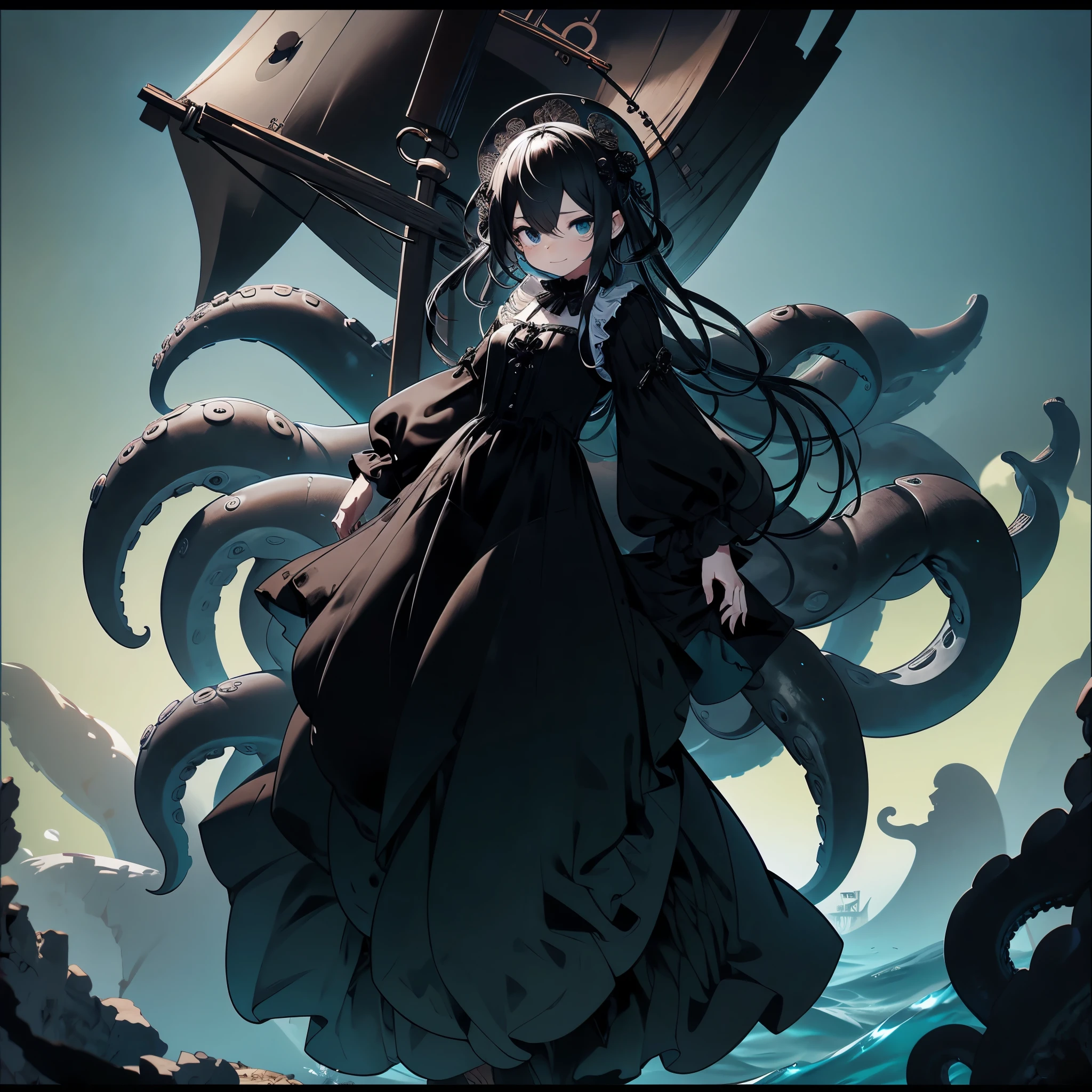 Giant girl leaning out of the sea. She wears a gothic dress. dress with ruffles. Innocent laughter.  Grab and sink the ship. Wooden boat. Tentacles extending from the sea. View from the ship.