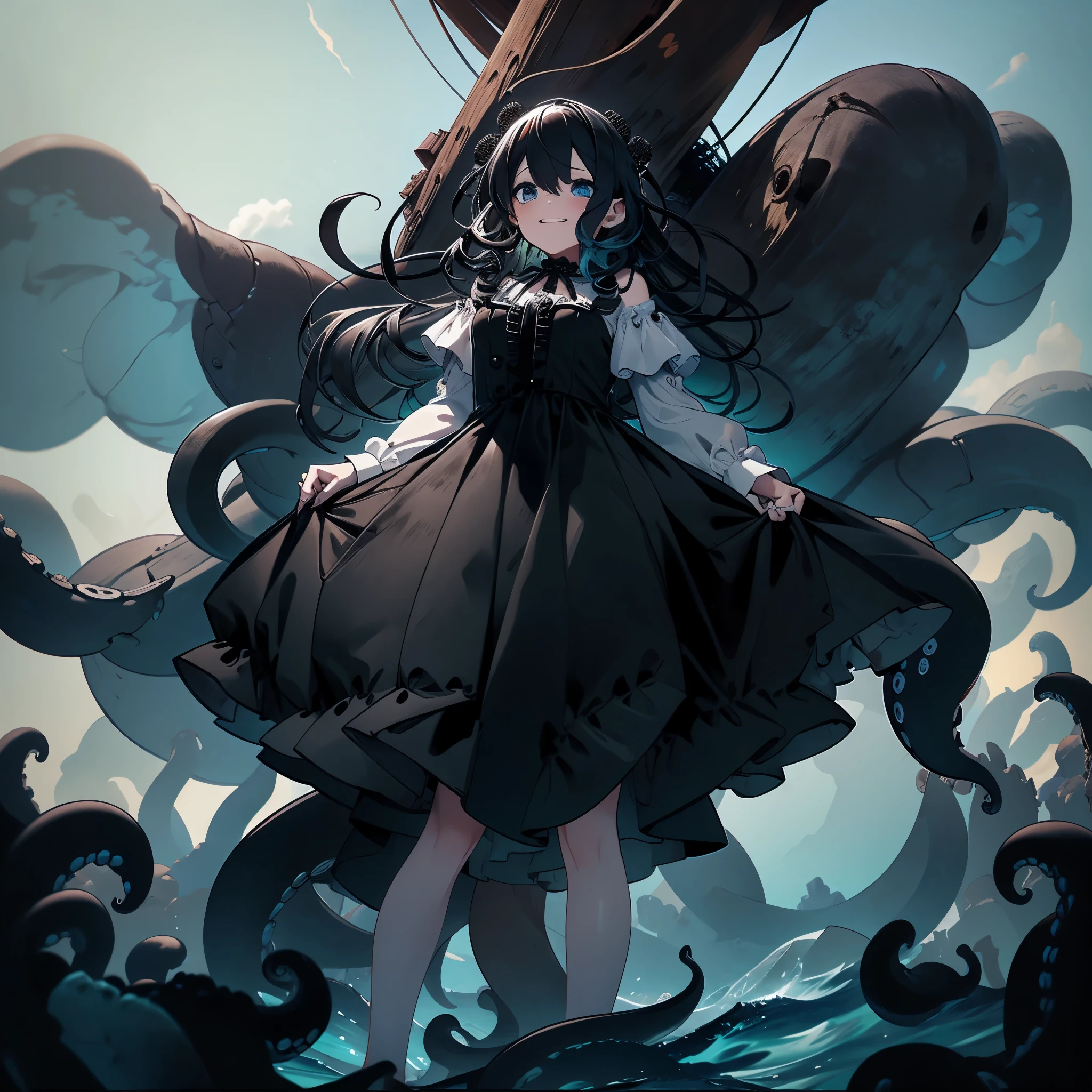 Giant girl leaning out of the sea. She wears a gothic dress. dress with ruffles. Innocent laughter.  Grab and sink the ship. Wooden boat. Tentacles extending from the sea. View from the ship.