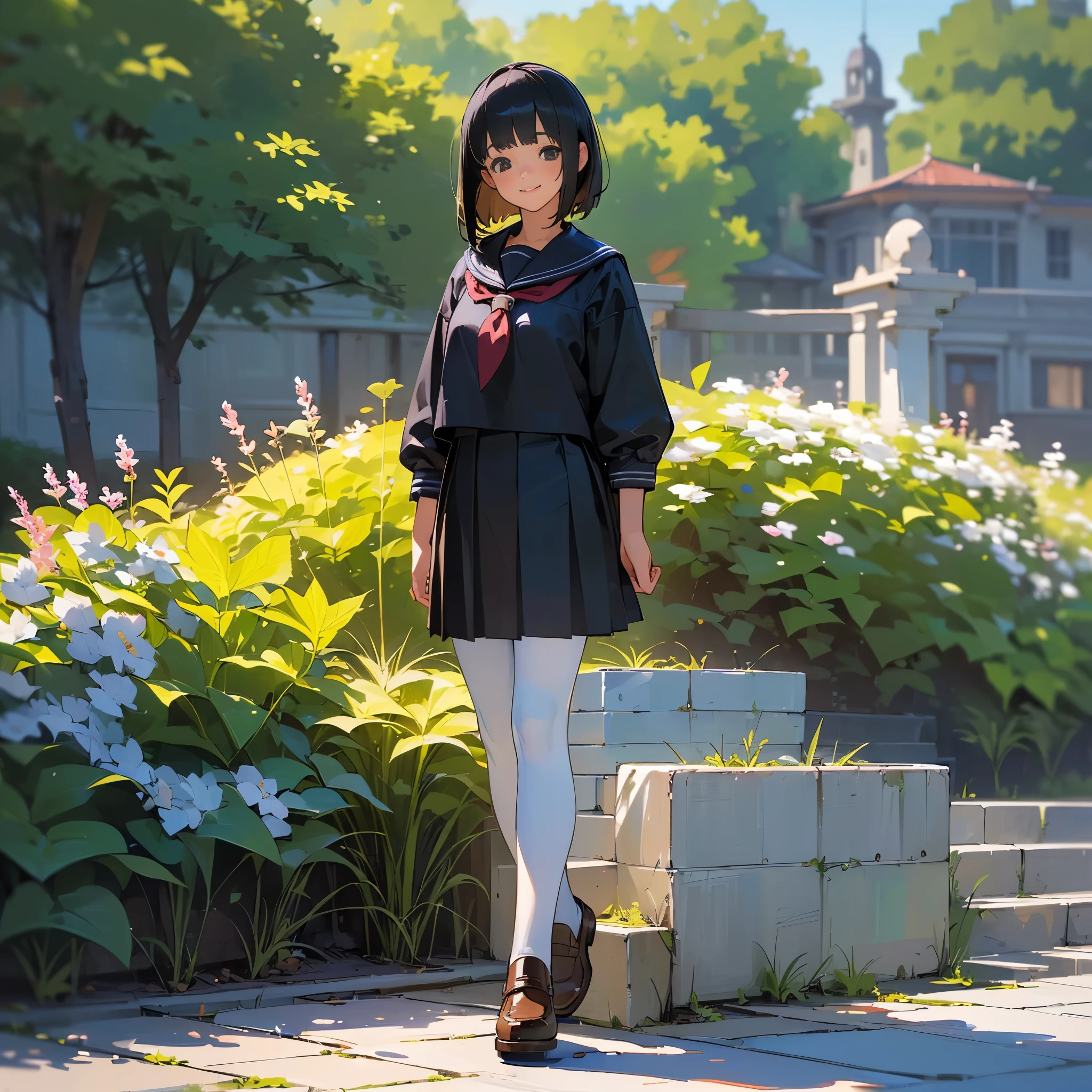 (highest quality,High resolution,super detailed,realistic:1.37),peaceful atmosphere,(outdoors,garden),age girl standing alone,beautiful detailed features,cute smile,(black bob hair),navy sailor suit,pleated skirt,black tights,brown leather shoes.