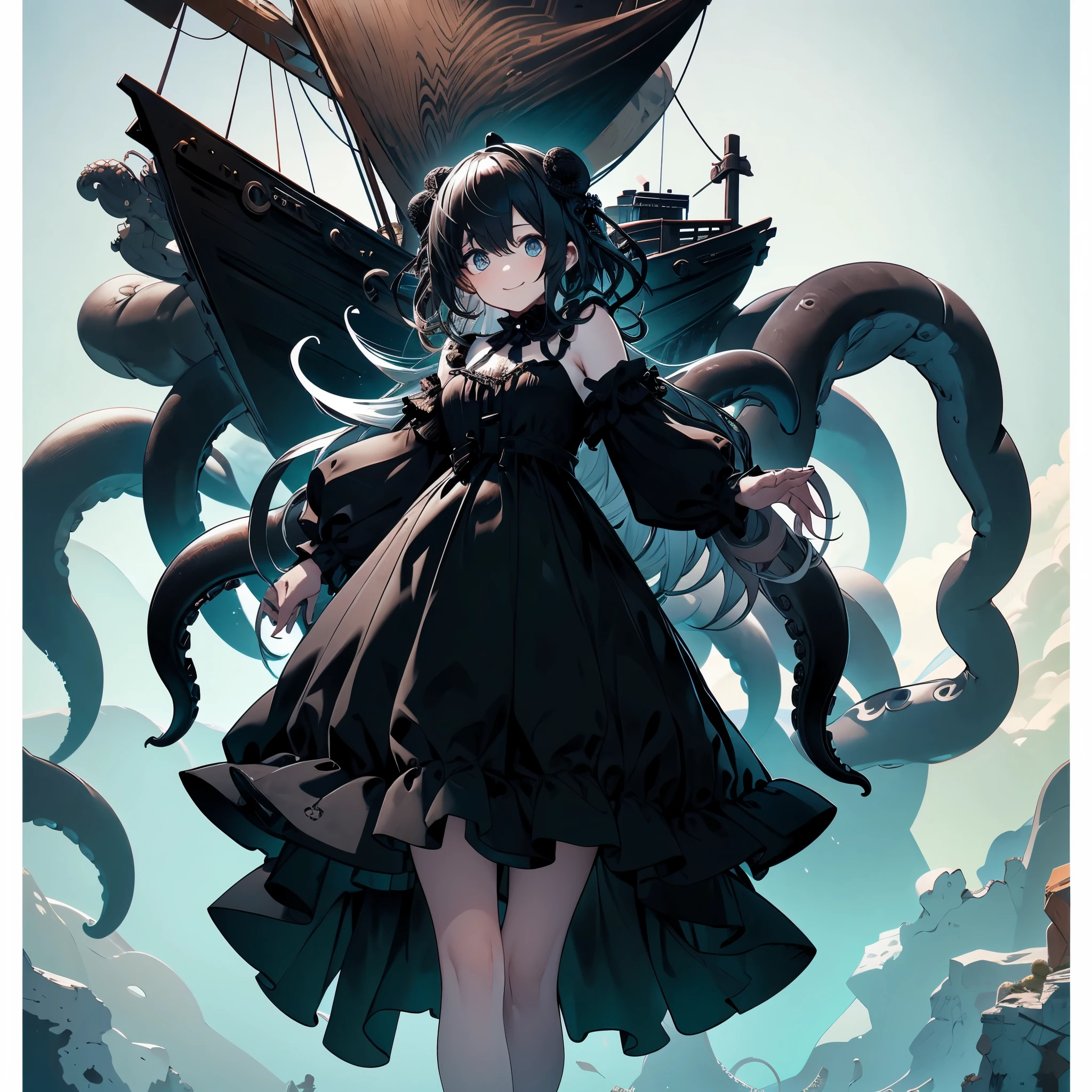 Giant girl leaning out of the sea. She wears a gothic dress. dress with ruffles. Innocent laughter.  Grab and sink the ship. Wooden boat. Tentacles extending from the sea. View from the ship.