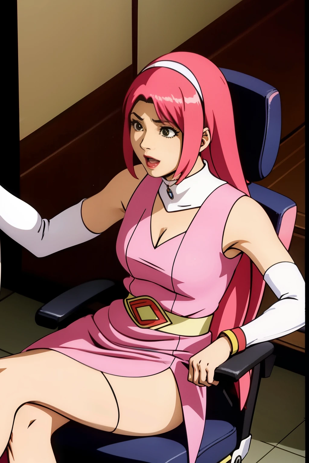 An arafe woman wearing a pink and white costume sitting on a chair, yoko matsugane as Mai Shiranui, cosplay photo, wonderful, anime girl cosplay, anime cosplay, Renji Murata and Art Germ, haruno sakura, Shahi, full cosplay, juri misaki, Mai Shiranui, Sakura Haruno, yoshinari yoh