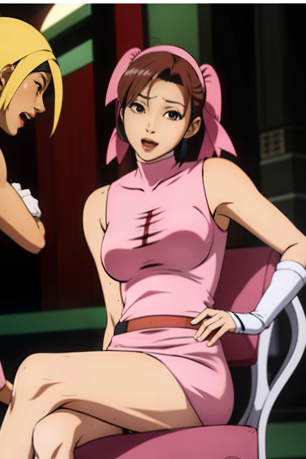 An arafe woman wearing a pink and white costume sitting on a chair, yoko matsugane as Mai Shiranui, cosplay photo, wonderful, anime girl cosplay, anime cosplay, Renji Murata and Art Germ, haruno sakura, Shahi, full cosplay, juri misaki, Mai Shiranui, Sakura Haruno, yoshinari yoh