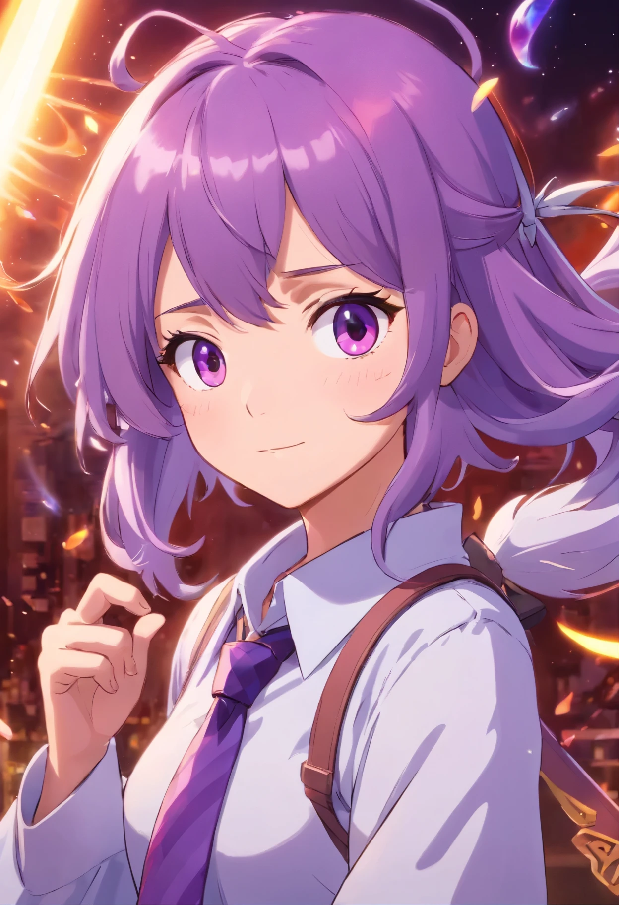 a close up of a person with purple hair and a purple tie, stylized anime, anime moe artstyle, katana zero video game character, anime girl of the future, portrait anime space cadet girl, portrait knights of zodiac girl, close up of a young anime girl, anime stylized, with glowing purple eyes, in an anime style, anime styled 3d