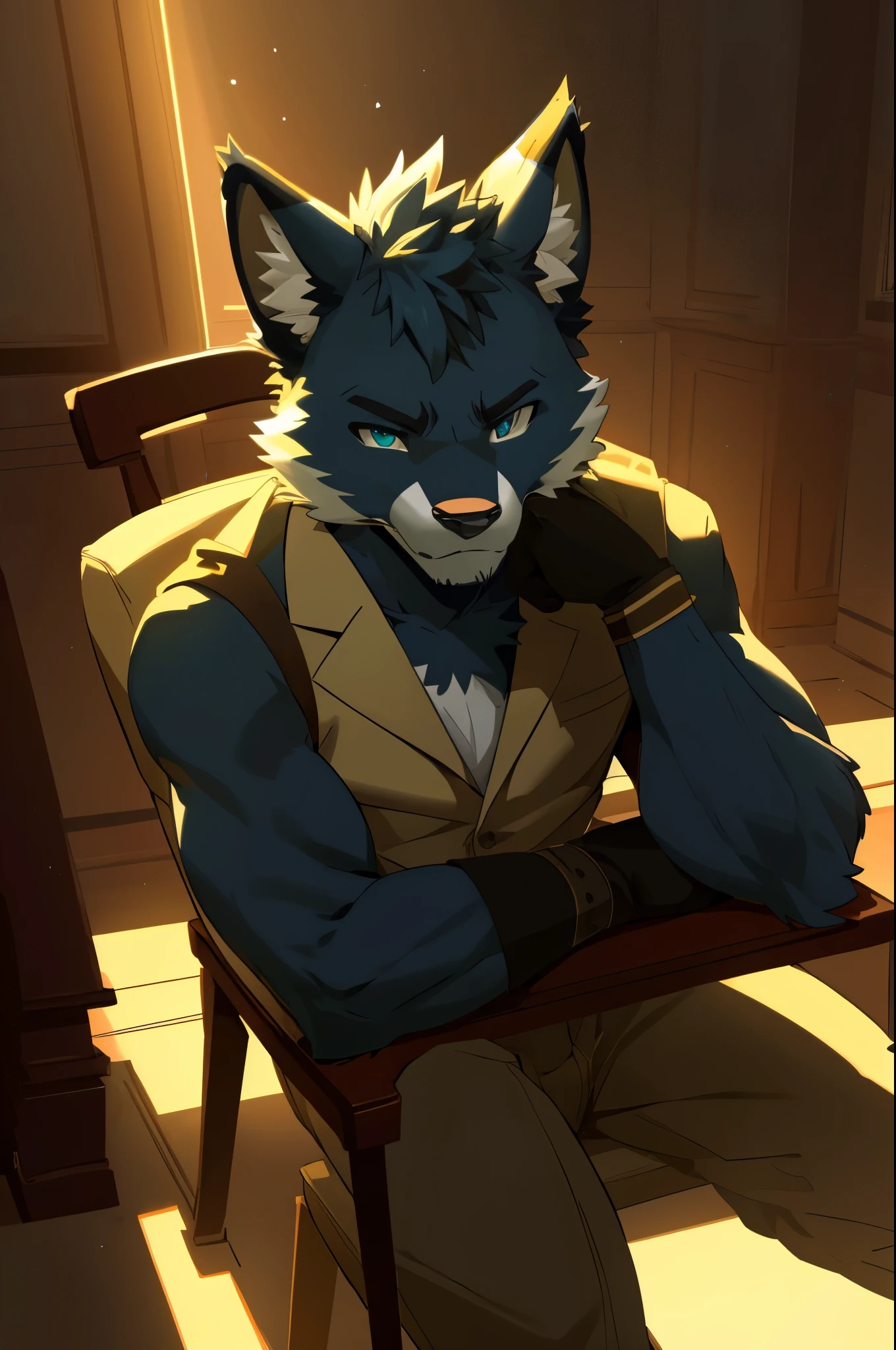 highres, top quality, best quality, paid reward available, High-quality illustrations, unparalleled masterpiece, toy man sitting on chair, fully posable, neutral pose, thinking pose(furry anthro:1.7)absurdres(highly detailed beautiful face and eyes)perfect anatomy, expression, caustics, dynamic lighting, lens flare, cinematic shadow, assorted poses, cinematic angle,