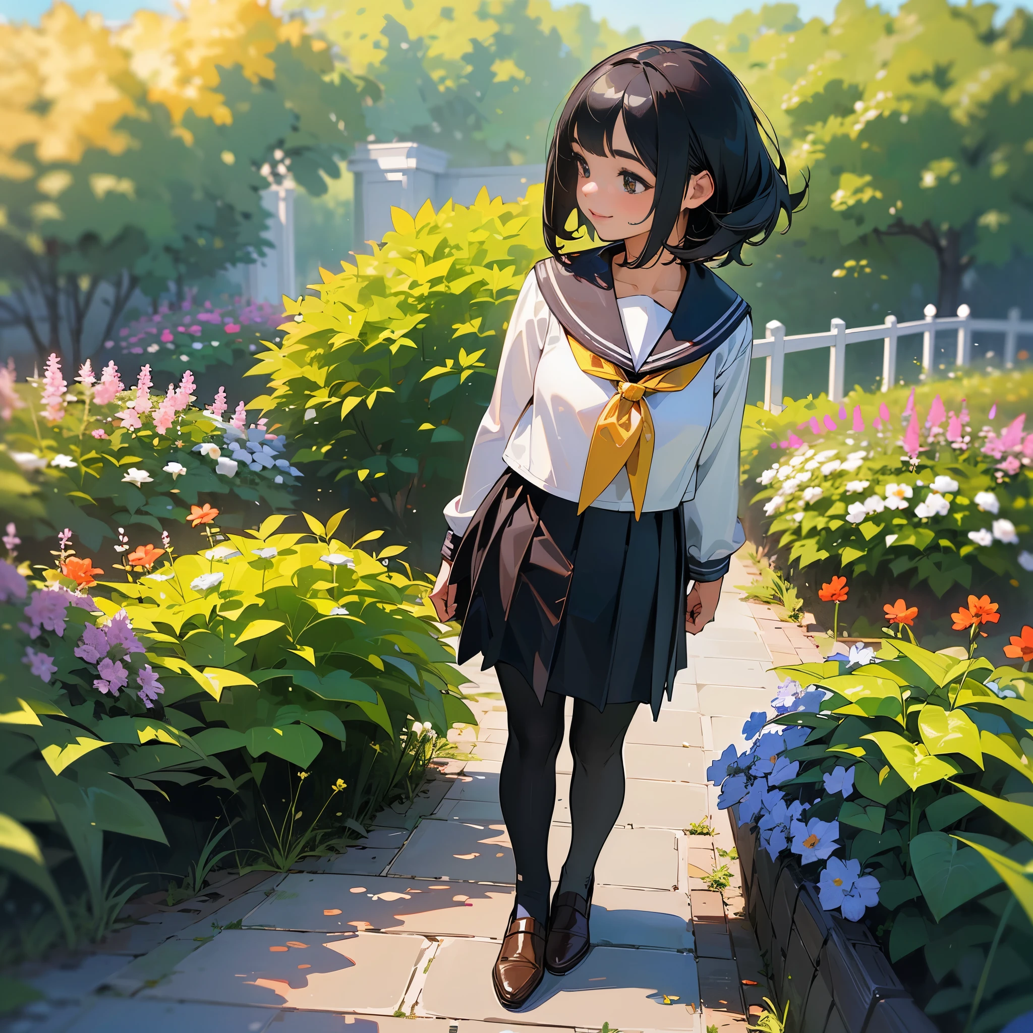 (highest quality,High resolution,super detailed,realistic:1.37),peaceful atmosphere,(outdoors,garden),teenage girl standing alone,beautiful detailed features,cute smile,(black bob hair),navy sailor suit,pleated skirt,black tights,brown leather shoes.