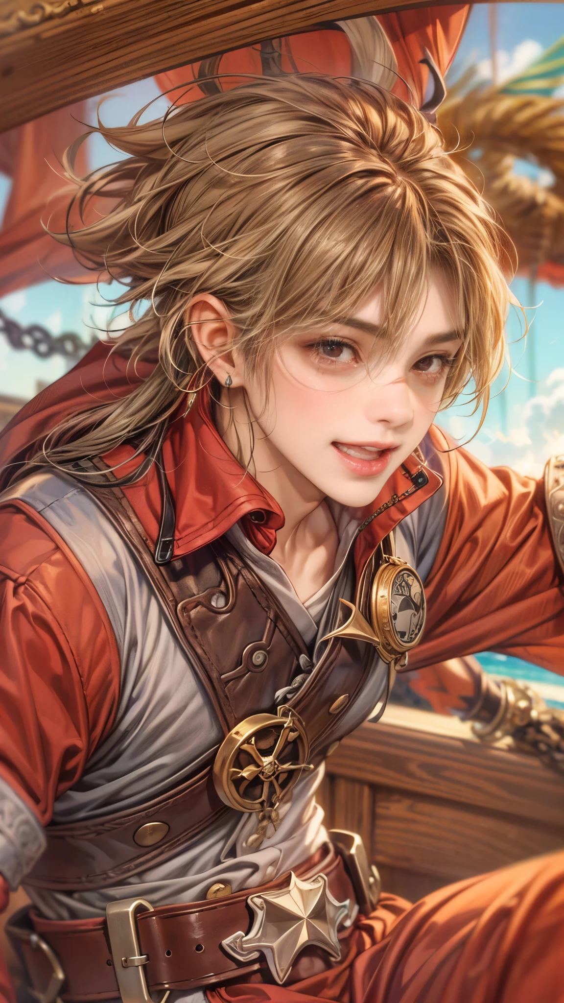 (absurdres, highres, ultra detailed, HDR), masterpiece, intricate details, best quality close-up picture of a character from Ragnarok Online, a character with handsome looks, korean face, original hair, short hair, anime  red eyes, silly face, matured teen, pirate theme outfit showing chest, crop top, detailed pirate ship cabin background, sea scenery, detailed character, art kenouji