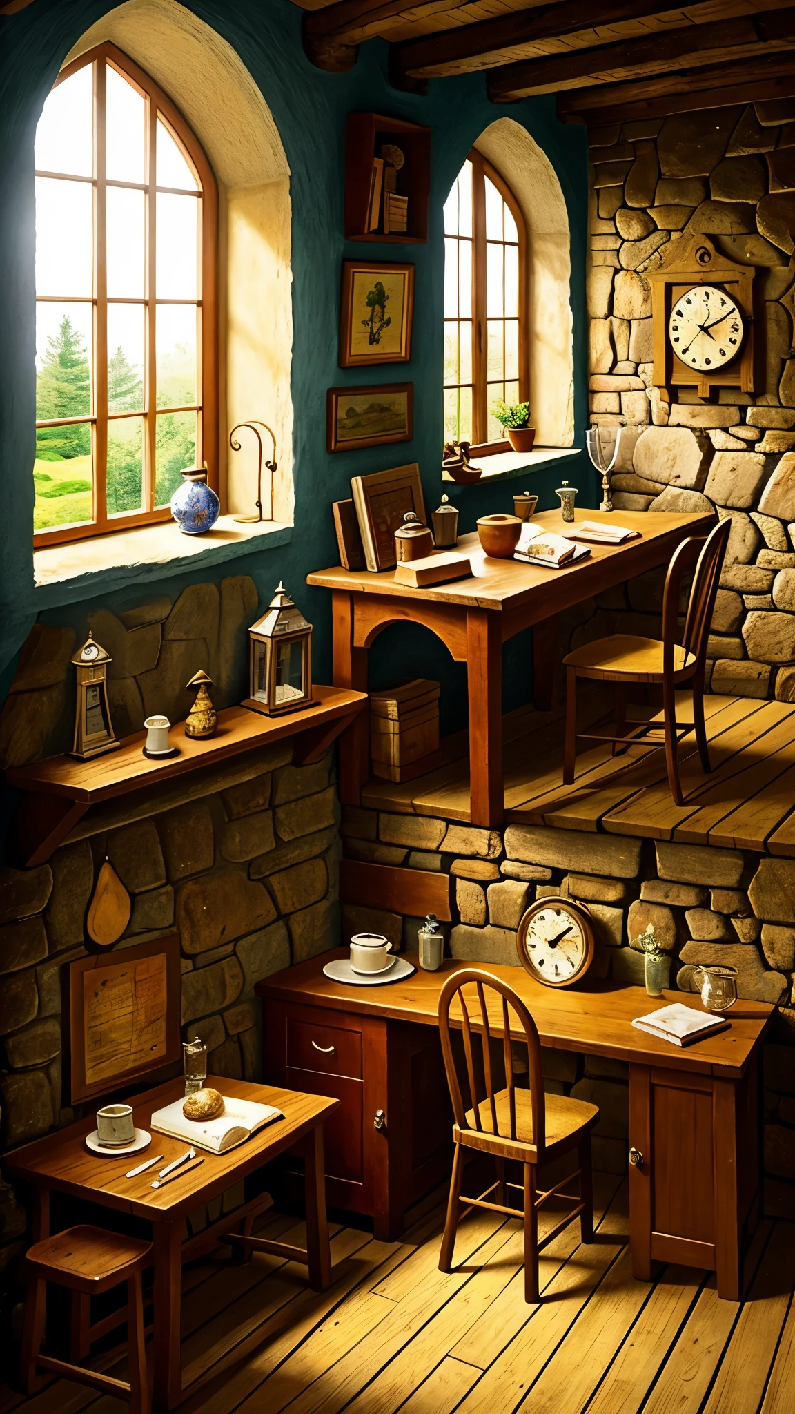 Room in medieval setting, showing window, table, crystal pan and a wall clock