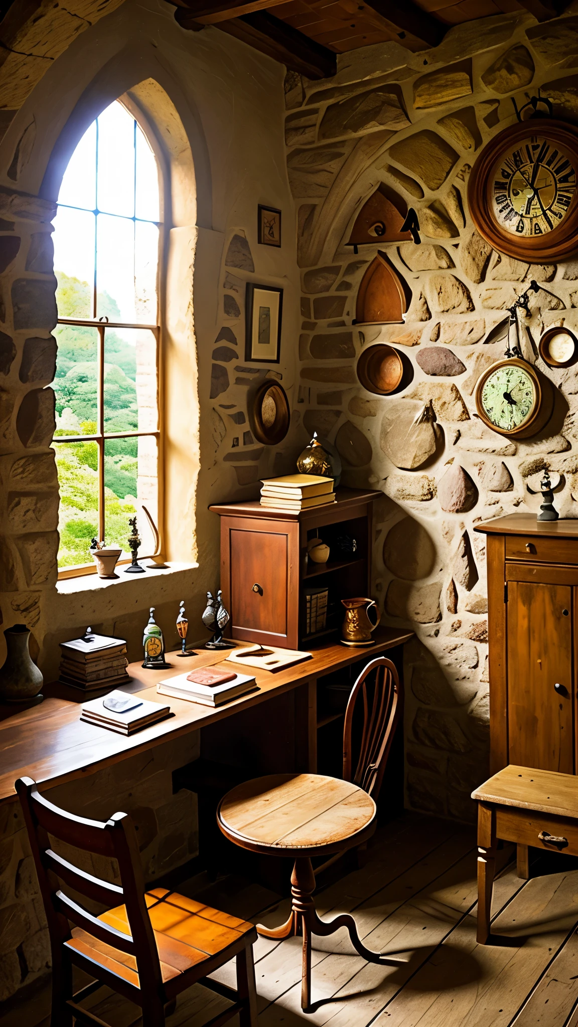 Room in medieval setting, showing window, table, crystal pan and a wall clock