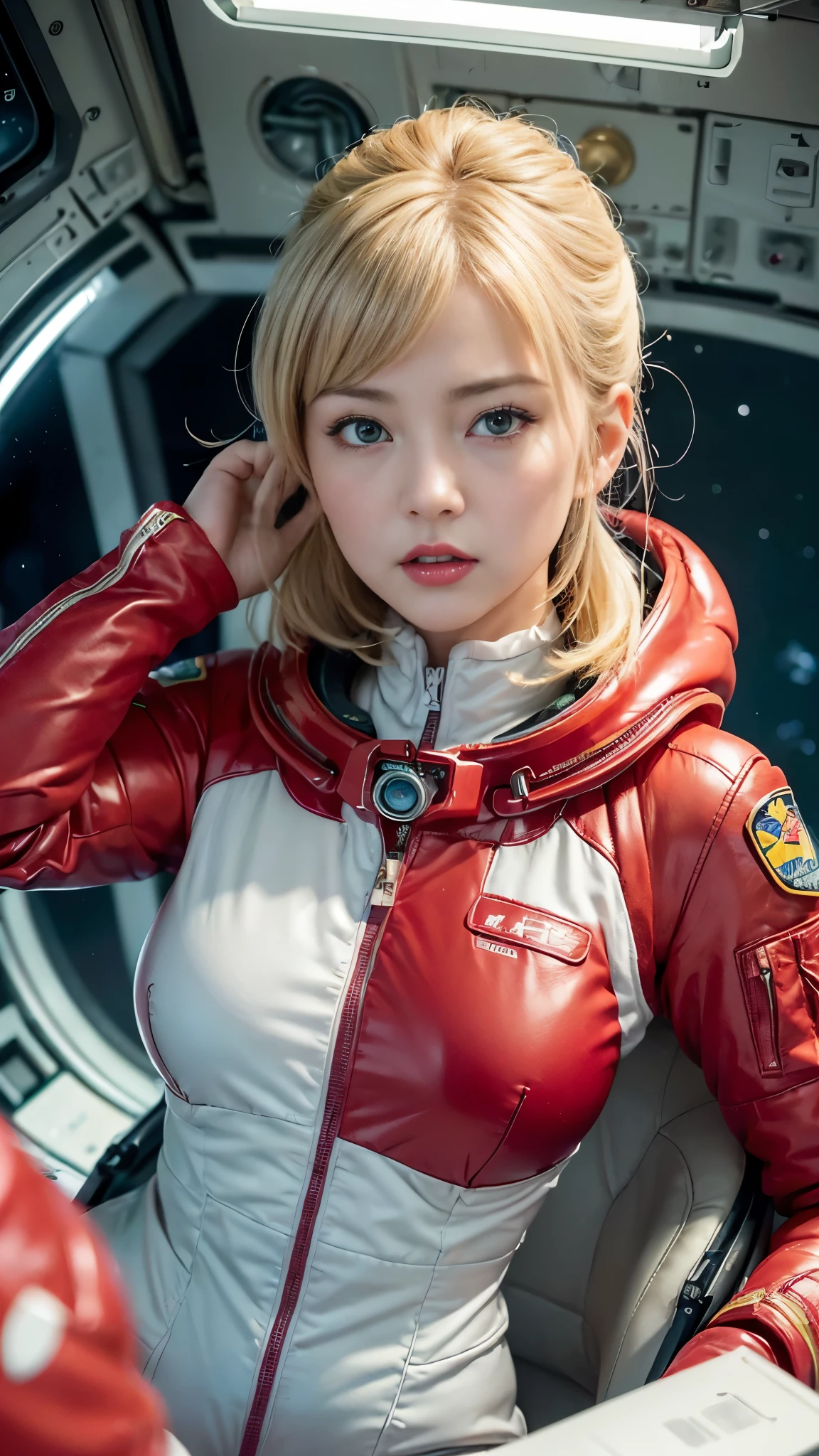 (hyper real)、future female pilots、
Huge Beautiful woman High level image quality High resolution realistic short hair blonde、 blondeの女性、mature woman、middle-aged women、((big big skin texture、超High resolution、realistic、Chubby body type、angry face、beauty of middle age、beautiful expression、Detailed green ironed fluffy hair、Kamimei、Very delicate and delicate skin texture、35A woman piloting a giant space station)、female pilot batlight red lips、((wear a red flight suit))、(((alone)))、