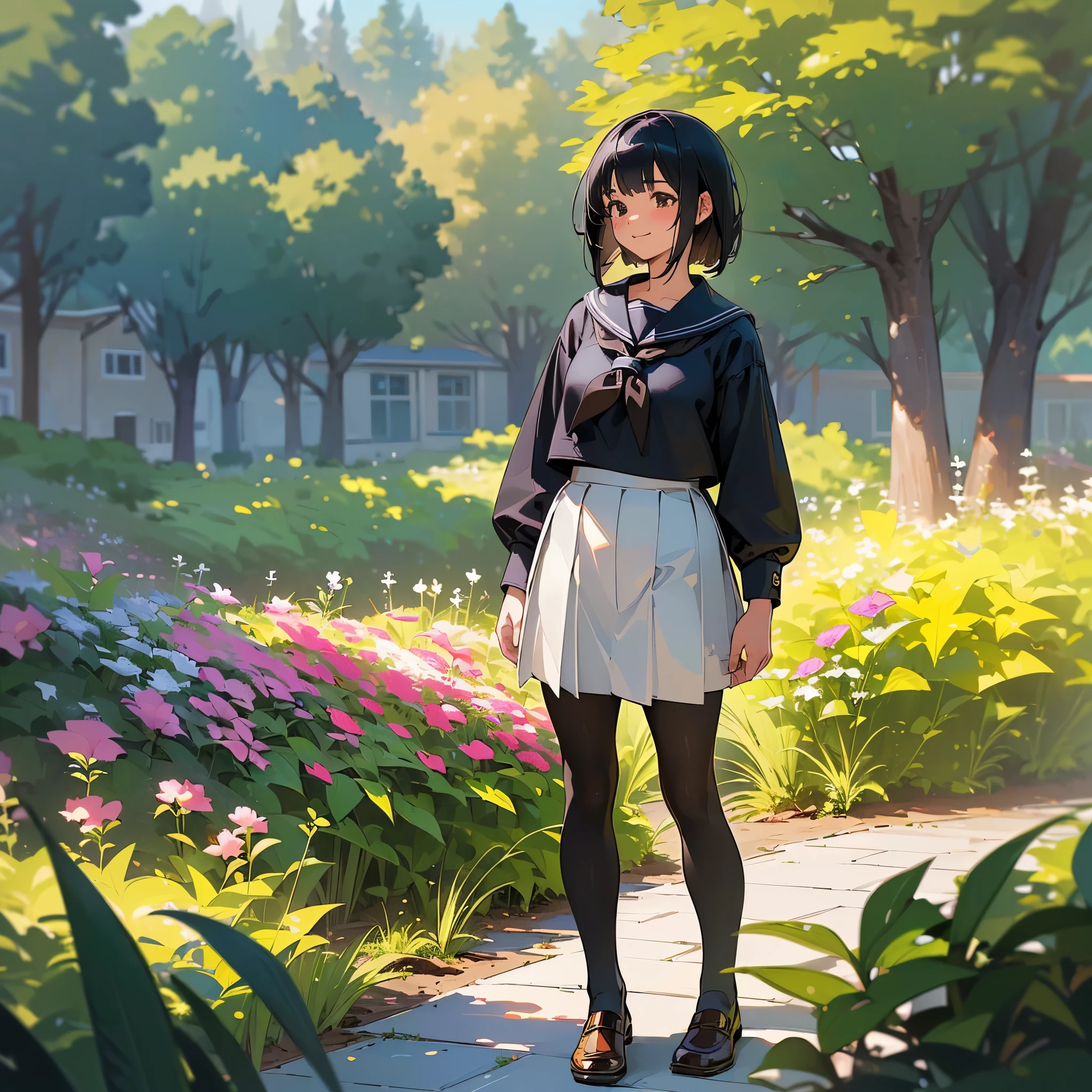 (highest quality,High resolution,super detailed,realistic:1.37),peaceful atmosphere,(outdoors,garden),teenage girl standing alone,beautiful detailed features,cute smile,(black bob hair),navy sailor suit,pleated skirt,black tights,brown leather shoes.