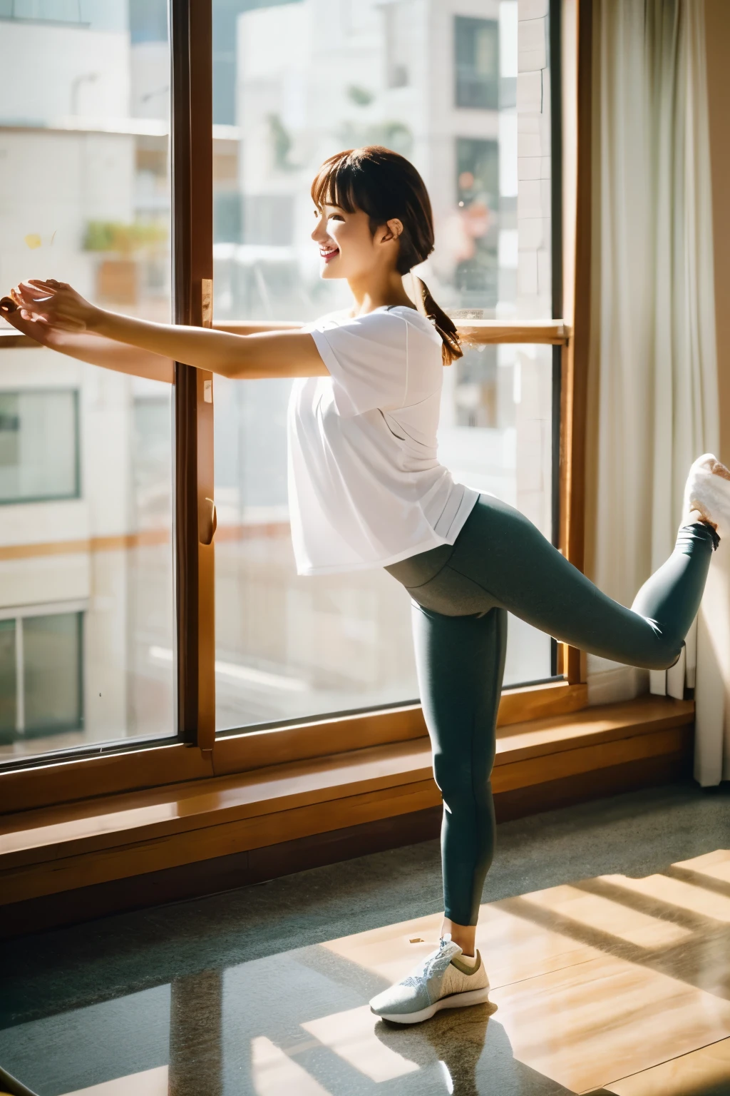 Image keywords People/Japanese(Half if possible) ・20s ・Women ・Crunched hair(ponytail) ・Brown hair color ・Smile ・Healthy body type Clothes ・Wear a T-shirt(Relaxed style) ・Leggings ・Sneakers Pose/Location ・Looking at camera ・Full body(standing posture) ・Stretching ・Indoor lifestyle(supposition) ·Profession:OL(Desk work/Saturdays, Sundays, and holidays off) ・I go to the gym twice a week