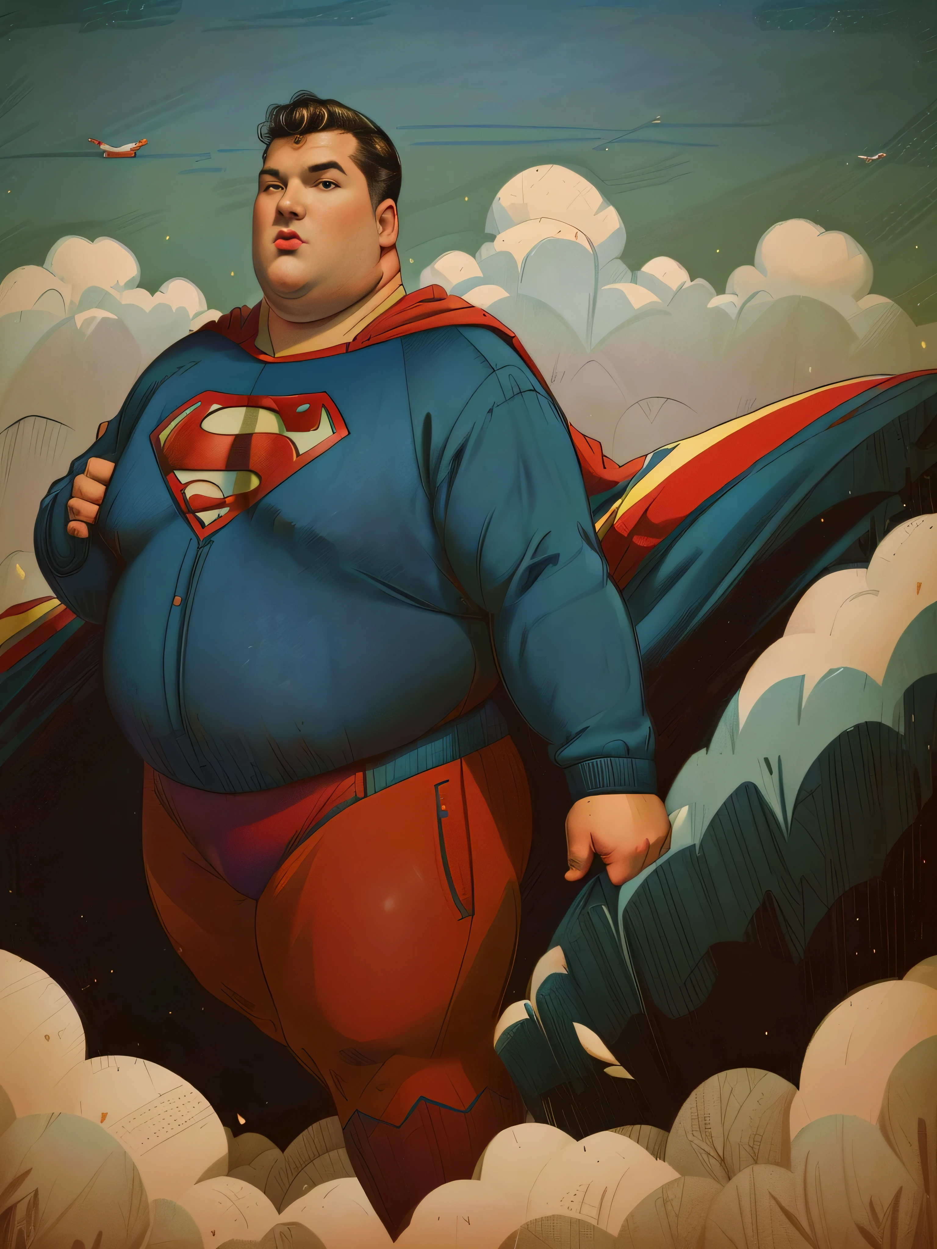 score_9,score_8_up,score_7_up,extremely detailed,(sharp focus:1.1) BREAK <lora:queenbee_style_pdxl_v1-000024:0.8>,
fat obese old man in a superman costume,text 'UB' on shirt,1man,cowboy shot,looking down parted lips,fully clothed,