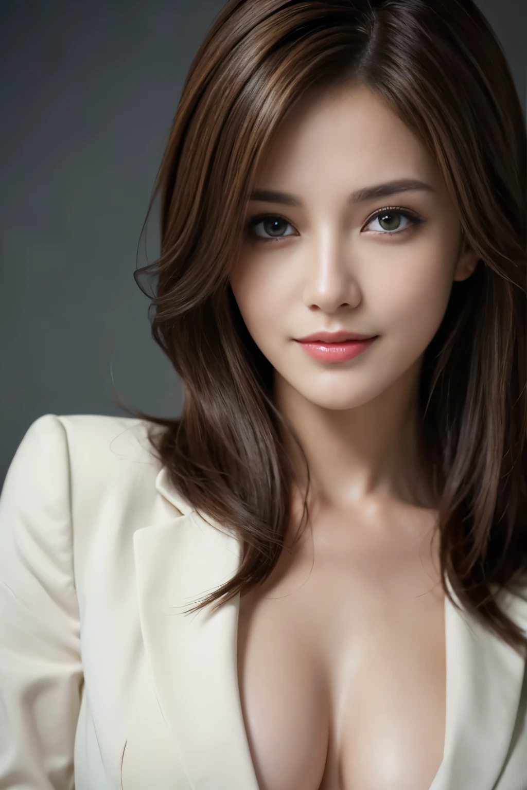 table top, highest quality, realistic, Super detailed, finely, High resolution, 8k wallpaper, 1 beautiful woman,, light brown messy hair, wearing a business suit, sharp focus, perfect dynamic composition, beautiful and detailed eyes, thin hair, Detailed realistic skin texture, smile, close-up portrait, model body shape