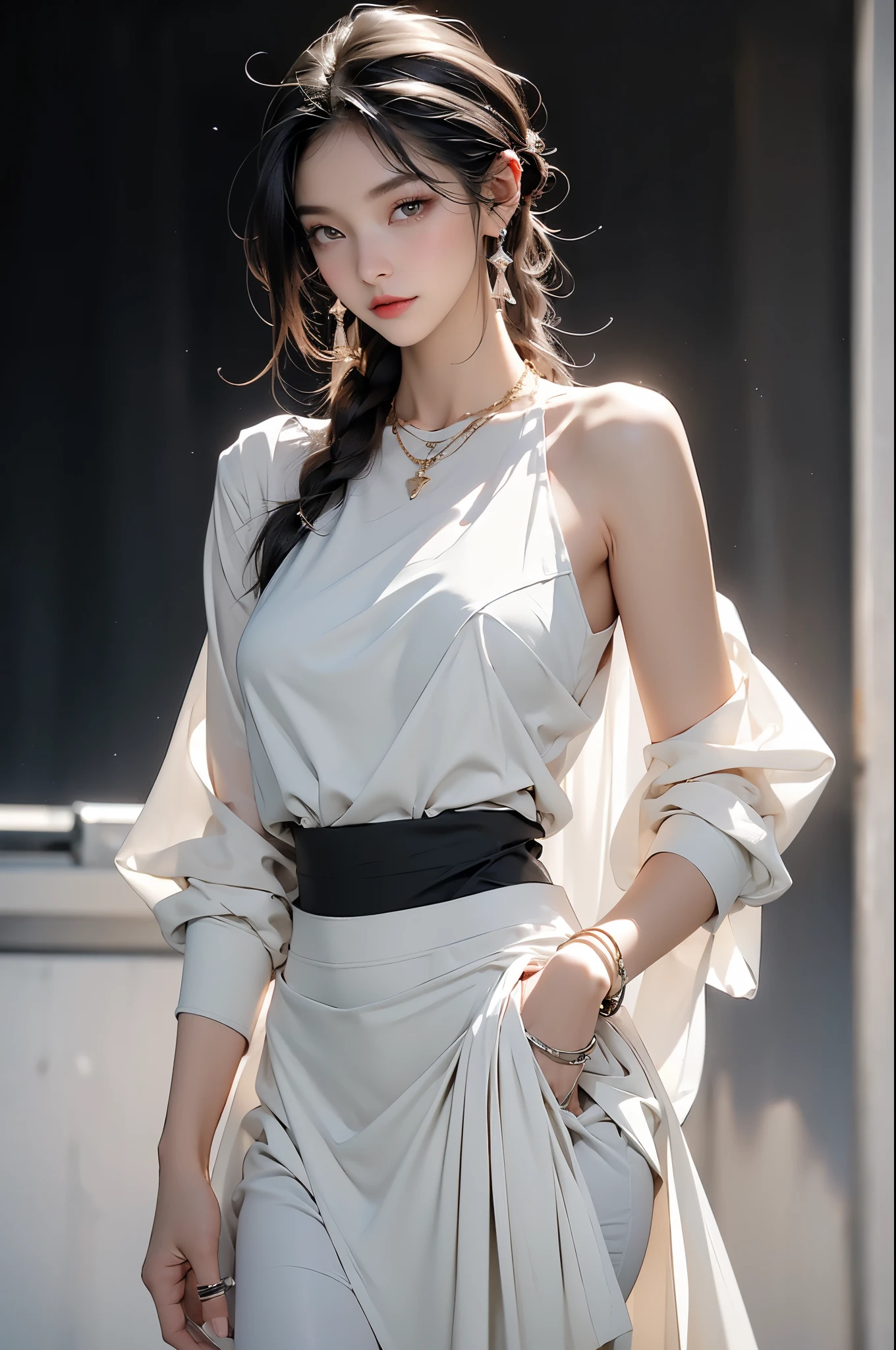 ((whole body)), ((from below)), ((gufeng,bare shoulders)), ((The skirt is short)),((Leaking beautiful legs)), clear face, pretty face, 8k, masterpiece, original photo, best quality, detail:1.2,lifelike, detail, Very detailed, CG, unity, wallpaper, depth of field, movie light, lens flare, Ray tracing, (extremely beautiful face, beautiful lips, beautiful eyes), complicated, detail的脸, ((ultra detailed skin)), 1 girl, in the darkness, deep shadow, beautiful korean girl, kpop idol,(Very slim figure:1.3), plump breasts, Slender sexy legs, elegant posture, (bright smile), (City night, (neon lights), (night), beautiful korean girl, white diamond earrings, diameter bracelet, Dia Necklace, clear eyes, facing forward, (big eyes)
