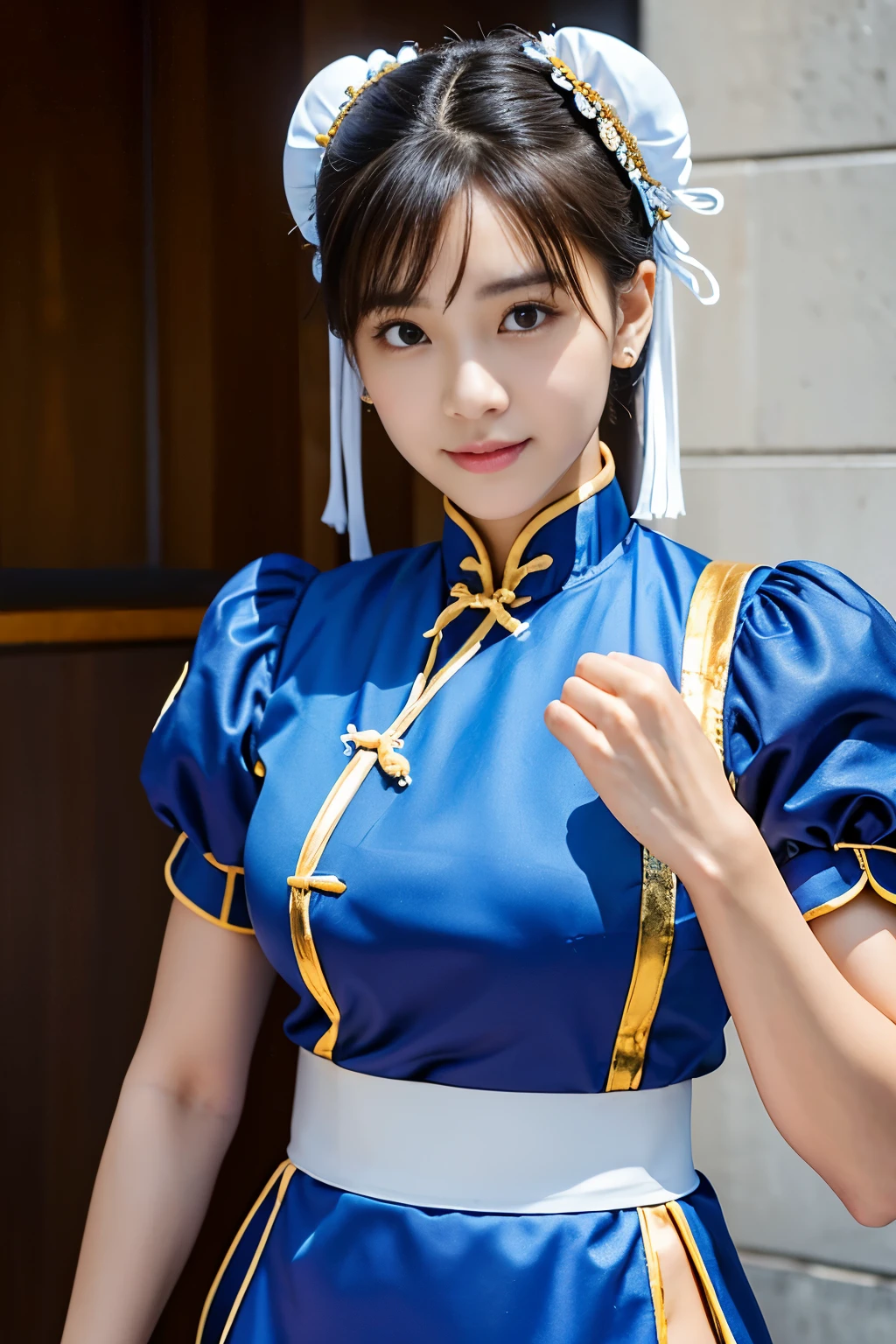 Chun-Li from Street Fight II,perfect chun li costume,Blue cheongsam with gold lines,Bun head,bun cover,fighting pose,masterpiece、1 beautiful girl、fine eyes、puffy eyes、highest quality, 超High resolution, (reality: 1.4), movie lighting、Japanese、asian beauty、Korean、super beautiful、beautiful skin、body facing forward、close up of face、(超reality的な)、(High resolution)、(8k)、(very detailed)、(美しくfine eyes)、(Super detailed)、 (wall-)、detailed face、bright lighting、professional lighting、looking at the viewer、look straight ahead、slanted bangs、Nogizaka Idol、korean idol、masterpiece, highest quality, masterpiece, highest quality, perfect face, perfect brown eyes with white sclera, bad move-5, alone, 1 girl, Upper body, brown hair, From SF2, Chinese service, smile, muscular woman, blue clothes, pantyhose, pelvic curtain, Puffy short sleeves, Good cover, sash, evaluation:safety