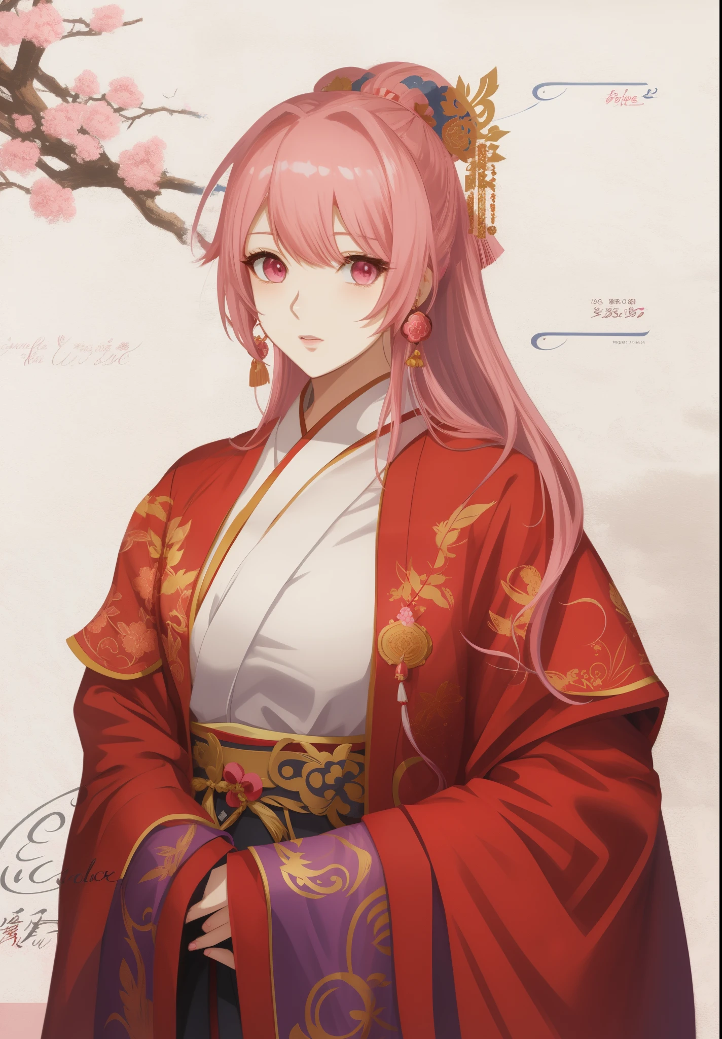 Anime girl with pink hair and red kimono, palace , A girl wearing Hanfu, anime style 4k, fantasy style anime, anime style characters, anime illustration, anime style illustration, High quality anime art style, best anime 4k konachan wallpapers,((Wearing noble robes)), Anime visual of a cute girl,Three Kingdoms,Dynasty Warriors,pink hair,Pink eyelashes,pink eyes