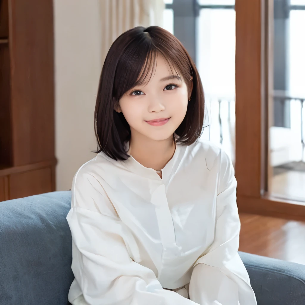 best image quality、highest quality、masterpiece、ultra high resolution、8k、immature、realistic:1.4、professional lighting、cute high school girl、baby face、very short hair、thin、Moderate size chest cup bust、smile、wearing a white tight long-sleeved T-shirt、wearing denim overalls in the living room、sitting on a white sofa