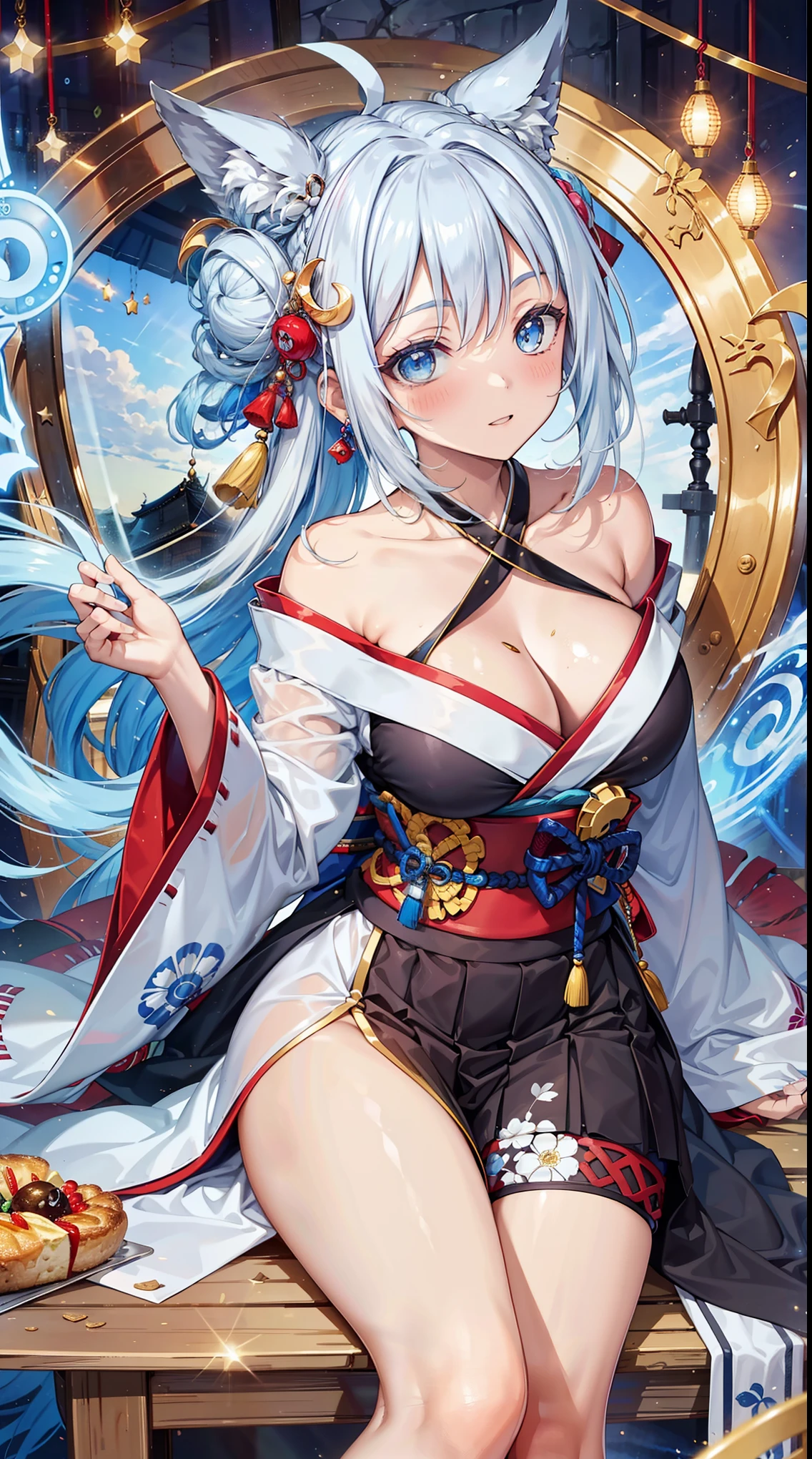 ​Masterpiece, top quality, Chuckle, white hair, blue hair, 浅blue hair, blue hair,expressive hair, mixed costumes，hair past shoulders, top knot, Crescent-shaped hair ornaments, Tsurume, Crescent earrings, vertical painting, Japanese cartoons style, Surrealism, Carl Larson, Japanese cartoons, gothic art, romanticism, 8k, Ultra-detailed, precise, best quality, Ultra-detailed, on the table, Whole BodyEsbian