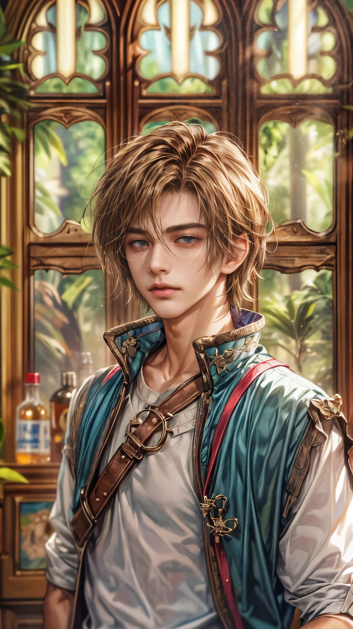 (absurdres, highres, ultra detailed, HDR), masterpiece, intricate, best quality, portrait of a handsome hero from Final Fantasy IX, short hair, korean face, anime eyes, prince outfit detailed interiors of an rpg weapon shop, showing forest in the windows , detailed character