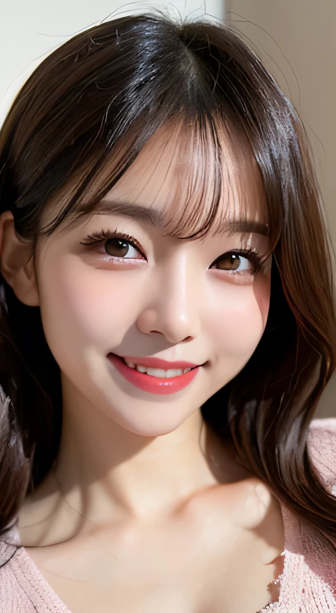 table top, highest quality, figure, super detailed, small details, High resolution, 8k wallpaper, 完璧なダイナミックな構figure, detailed and beautiful eyes, natural lip, sexy pink knit dress , big breasts, cleavage, charming smile,
