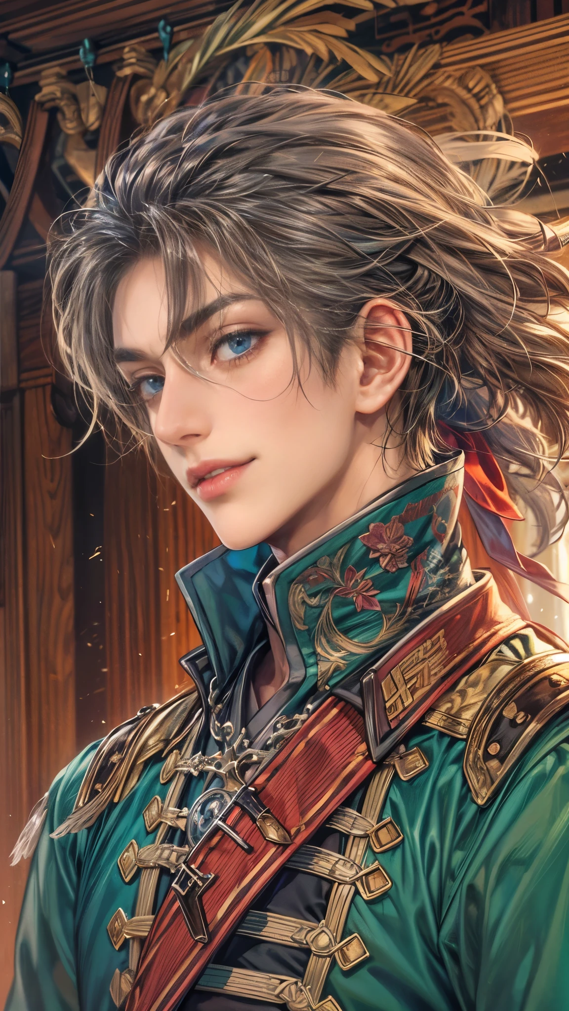 (absurdres, highres, ultra detailed, HDR), masterpiece, intricate details, best quality close-up picture of a character from suikoden, a character with handsome looks, korean face, original hair, short hair, anime blue eyes, smirking face, matured teen, pirate theme outfit showing chest, crop top, detailed pirate ship cabin background, seaside scenery, detailed character, art kenouji