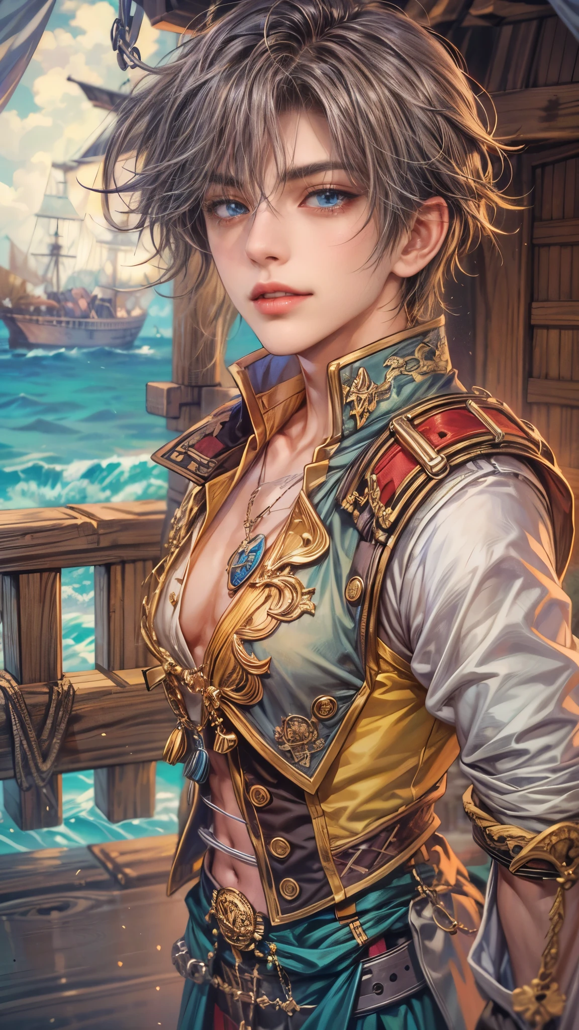 (absurdres, highres, ultra detailed, HDR), masterpiece, intricate details, best quality close-up picture of a character from suikoden, a character with handsome looks, korean face, original hair, short hair, anime blue eyes, smirking face, matured teen, pirate theme outfit showing chest, crop top, detailed pirate ship cabin background, seaside scenery, detailed character, art kenouji