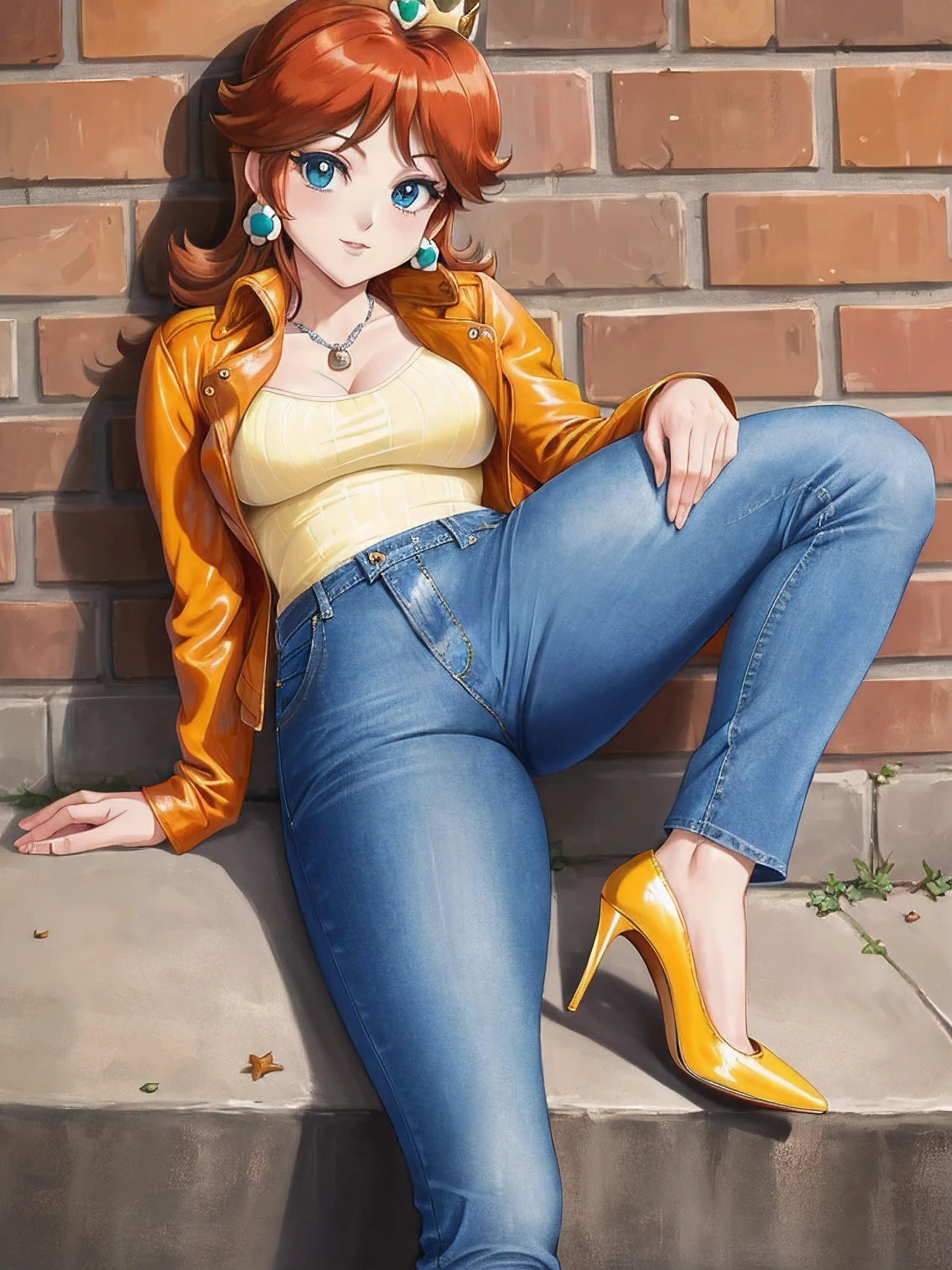 princesa margarita, muslos, vaqueros, tacones altos, chaqueta de cuero