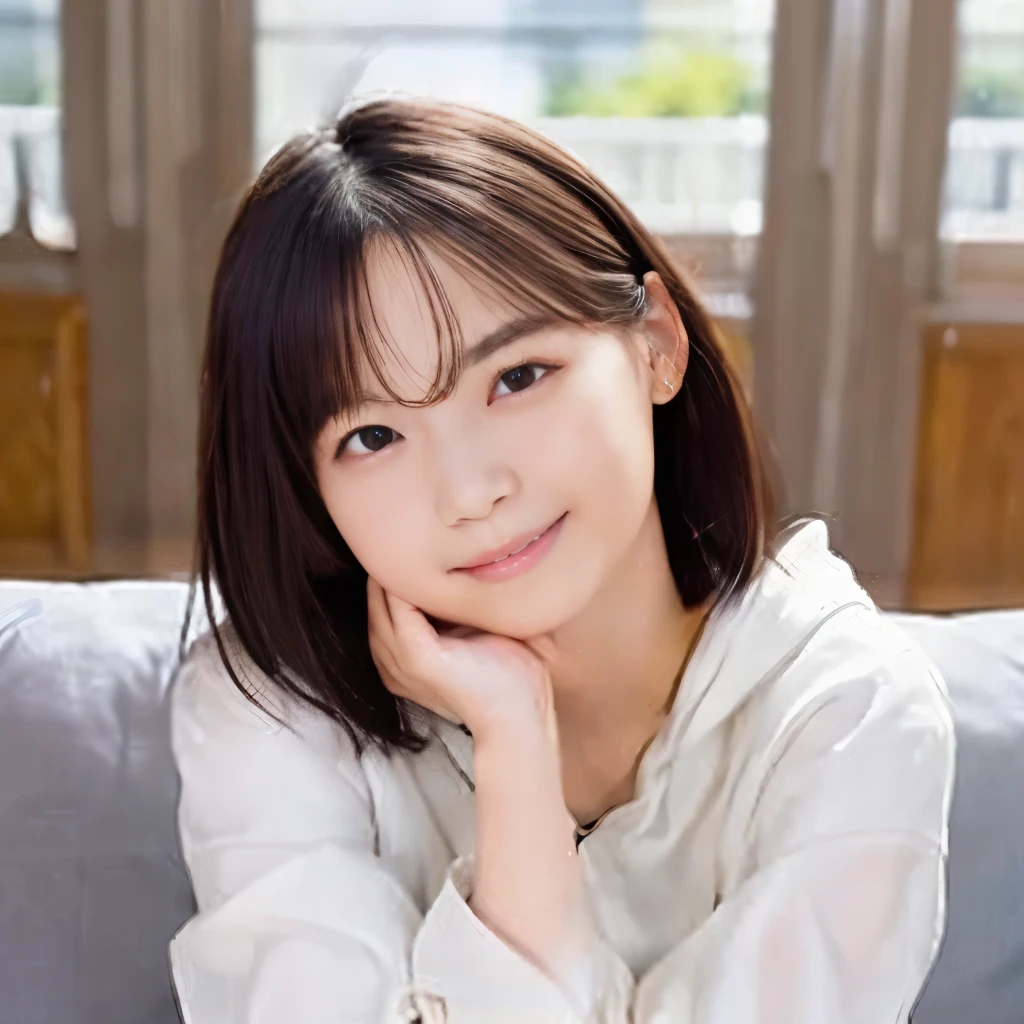 best image quality、highest quality、masterpiece、ultra high resolution、8k、immature、realistic:1.4、professional lighting、cute high school girl、、very short hair、thin、Moderate size chest cup bust、smile、wearing a white tight long-sleeved T-shirt、living room 、sit on a white sofa、wearing a white hoodie