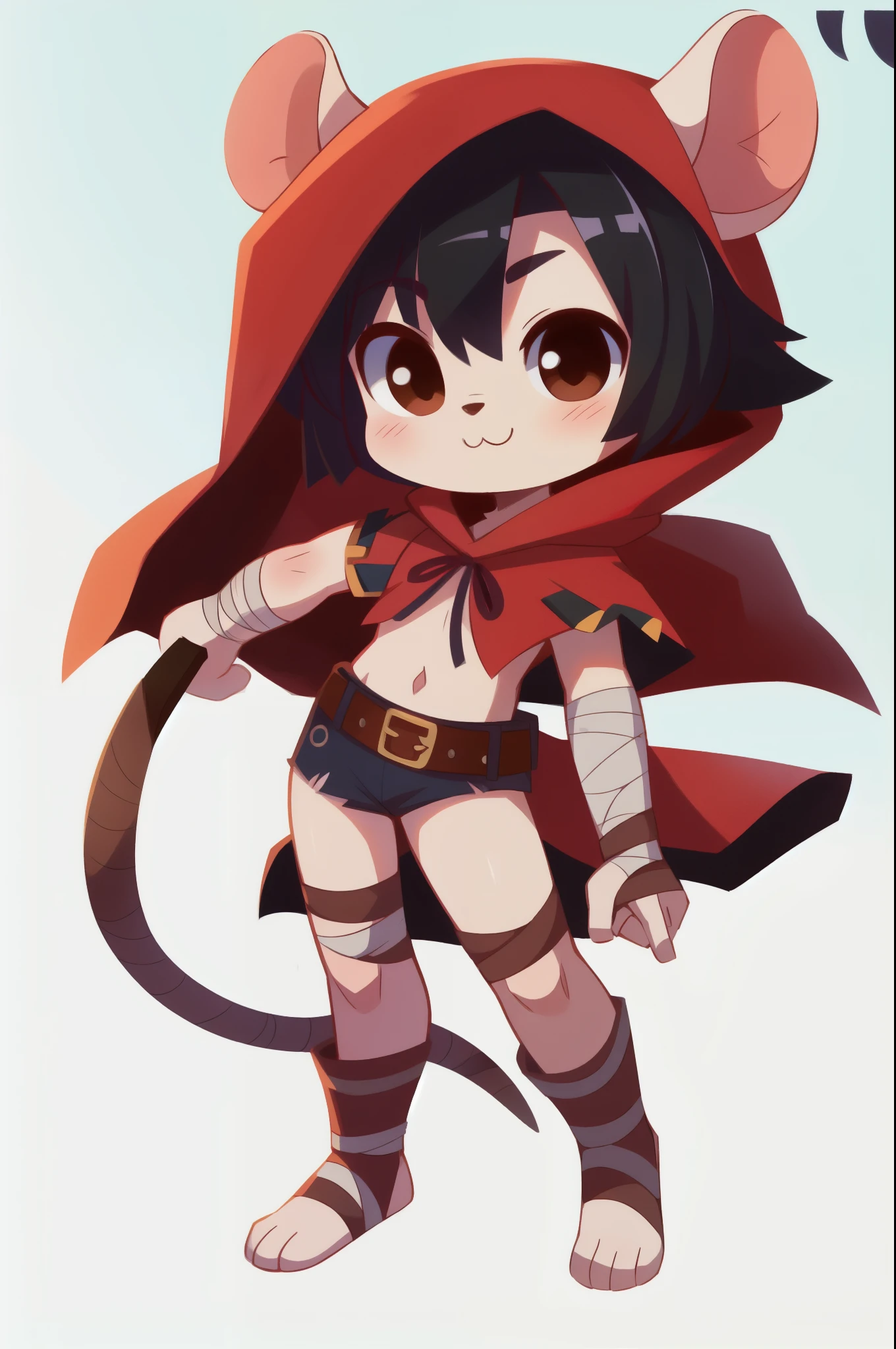 furry girl, mouse, black hair, punk hairstyle, anime style, small breasts, brown eyes, ((red cloak with hood, bandages on feets, belt)), high quality, detailed body, detailed eyes, detailed face, masterpiece, glistening body, detailed body fur, best quality, White body fur, perfect lighting, perfect shadows, perfect eyes, perfect hair, perfect face, gorgeous body, :3, holding a sword, full body, feets whit three toes, simple background, white background, solo,