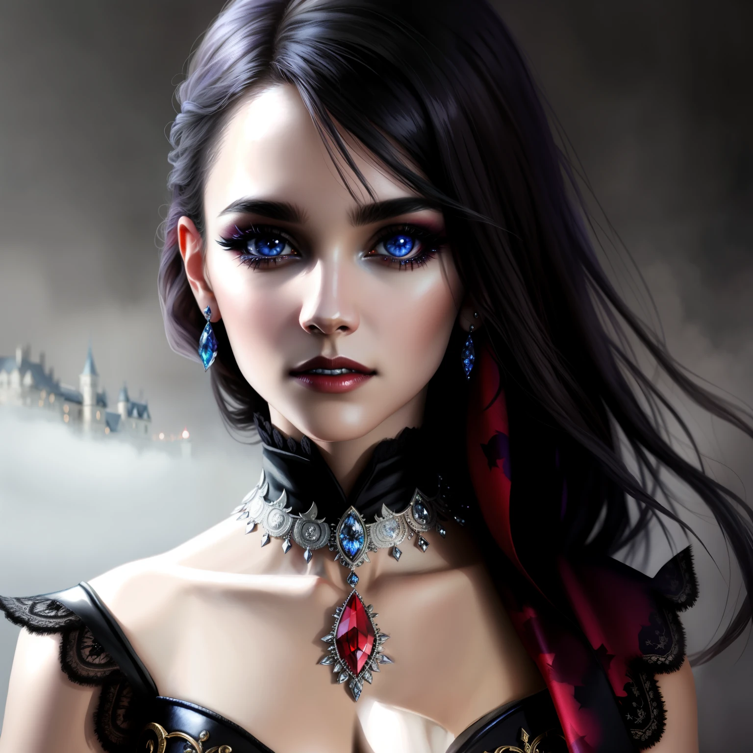 beautiful vampire girl, colours splashed eyes, color accents, town, concept art, digital painting, ethereal, epic, 32k, intricate details, sharp focus, detailed face, delicate face, Perfect face, detailed large reflective eyes, by DKCW, smooth reflective light, realistic, black and white, comic style
