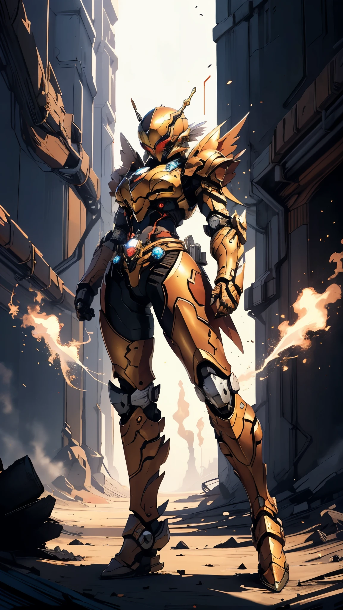 A woman adorned in fantasy-style full-body armor, a crown-concept fully enclosed helmet that unveils only her eyes, a composite layered chest plate, fully encompassing shoulder and hand guards, a lightweight waist armor, form-fitting shin guards, the overall design is heavy-duty yet flexible, ((the armor gleams with a golden glow, complemented by red and blue accents)), exhibiting a noble aura, she floats above a fantasy-surreal high-tech city, this character embodies a finely crafted fantasy-surreal style armored hero in anime style, exquisite and mature manga art style, (mixture of Queen bee and Spider concept Armor, plasma, blood), ((Element, energy, elegant, goddess, femminine:1.5)), metallic, high definition, best quality, highres, ultra-detailed, ultra-fine painting, extremely delicate, professional, anatomically correct, symmetrical face, extremely detailed eyes and face, high quality eyes, creativity, RAW photo, UHD, 32k, Natural light, cinematic lighting, masterpiece-anatomy-perfect, masterpiece:1.5