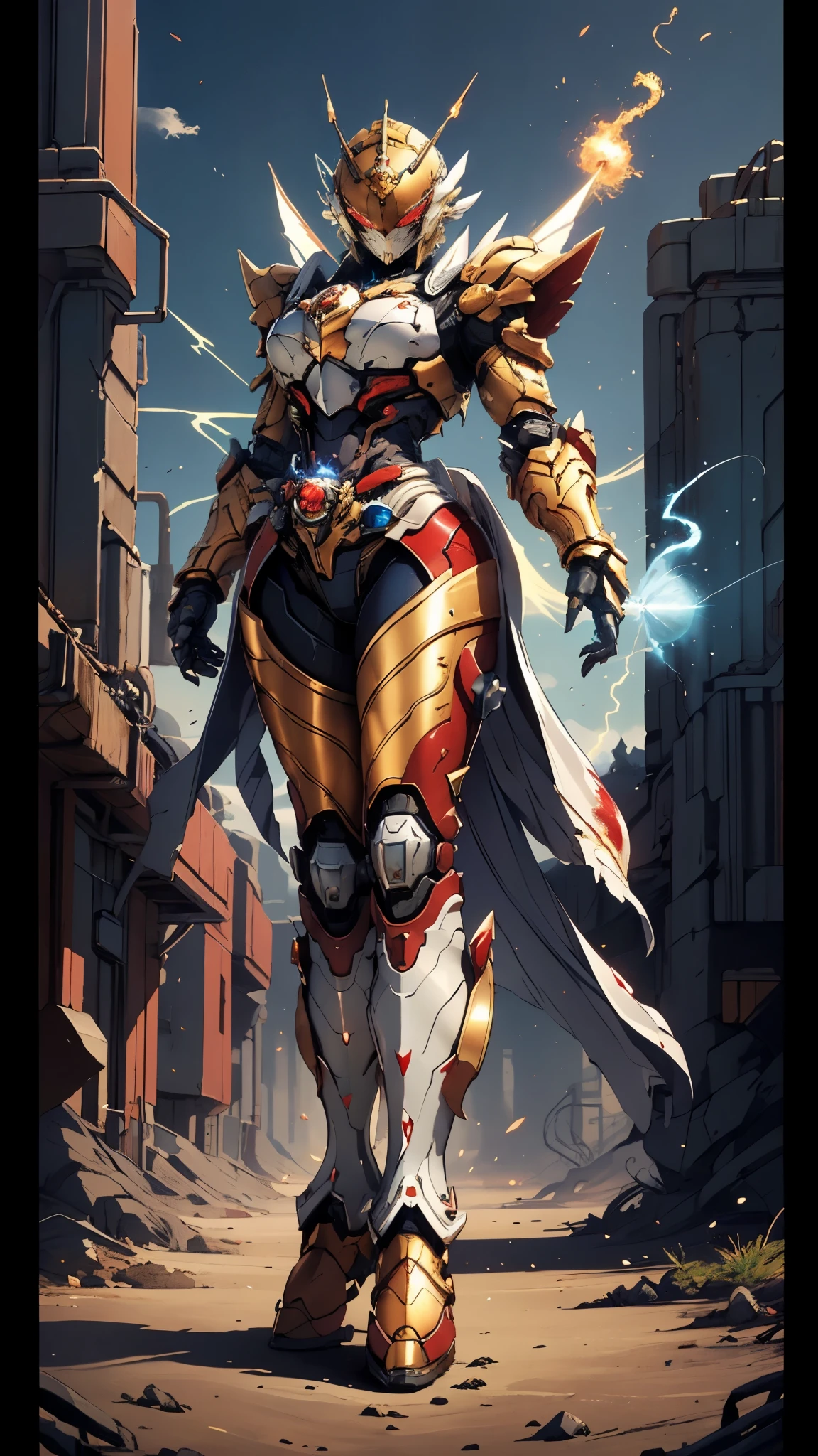 A woman adorned in fantasy-style full-body armor, a crown-concept fully enclosed helmet that unveils only her eyes, a composite layered chest plate, fully encompassing shoulder and hand guards, a lightweight waist armor, form-fitting shin guards, the overall design is heavy-duty yet flexible, ((the armor gleams with a golden glow, complemented by red and blue accents)), exhibiting a noble aura, she floats above a fantasy-surreal high-tech city, this character embodies a finely crafted fantasy-surreal style armored hero in anime style, exquisite and mature manga art style, (mixture of Queen bee and Spider concept Armor, plasma, blood), ((Element, energy, elegant, goddess, femminine:1.5)), metallic, high definition, best quality, highres, ultra-detailed, ultra-fine painting, extremely delicate, professional, anatomically correct, symmetrical face, extremely detailed eyes and face, high quality eyes, creativity, RAW photo, UHD, 32k, Natural light, cinematic lighting, masterpiece-anatomy-perfect, masterpiece:1.5