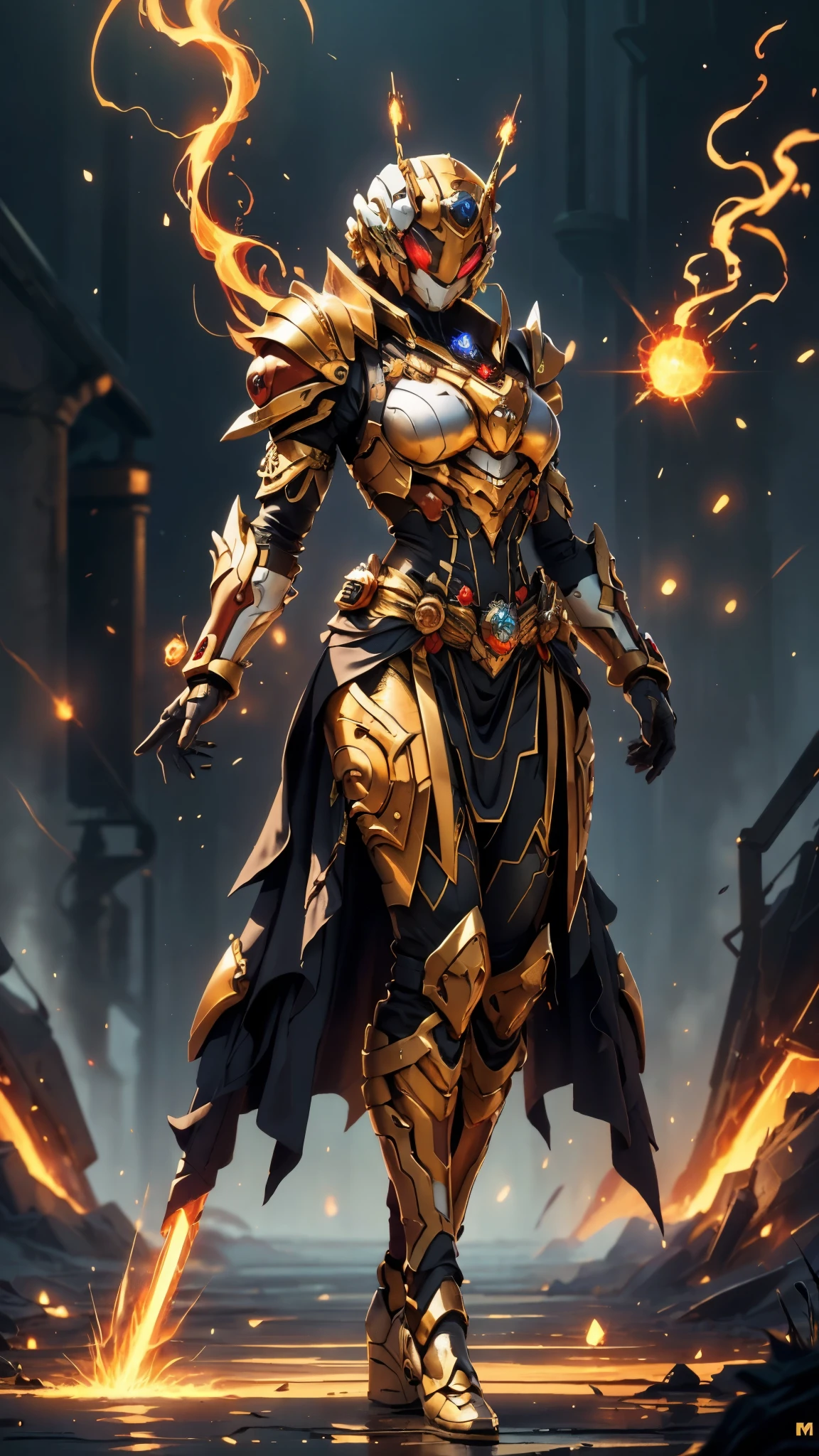 A woman adorned in fantasy-style full-body armor, a crown-concept fully enclosed helmet that unveils only her eyes, a composite layered chest plate, fully encompassing shoulder and hand guards, a lightweight waist armor, form-fitting shin guards, the overall design is heavy-duty yet flexible, ((the armor gleams with a golden glow, complemented by red and blue accents)), exhibiting a noble aura, she floats above a fantasy-surreal high-tech city, this character embodies a finely crafted fantasy-surreal style armored hero in anime style, exquisite and mature manga art style, (mixture of Queen bee and Spider concept Armor, plasma, blood), ((Element, energy, elegant, goddess, femminine:1.5)), metallic, high definition, best quality, highres, ultra-detailed, ultra-fine painting, extremely delicate, professional, anatomically correct, symmetrical face, extremely detailed eyes and face, high quality eyes, creativity, RAW photo, UHD, 32k, Natural light, cinematic lighting, masterpiece-anatomy-perfect, masterpiece:1.5