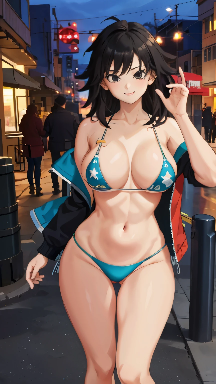 masterpiece, best quality, cowboy shot, 1girl, solo, bikini, jacket over, on her knees, streetclub, nighttime, smile, happy, large breasts, wide hips, curvy, thin waist, looking at viewer, bare shoulders, Gine, spiky hair, medium hair, muscle