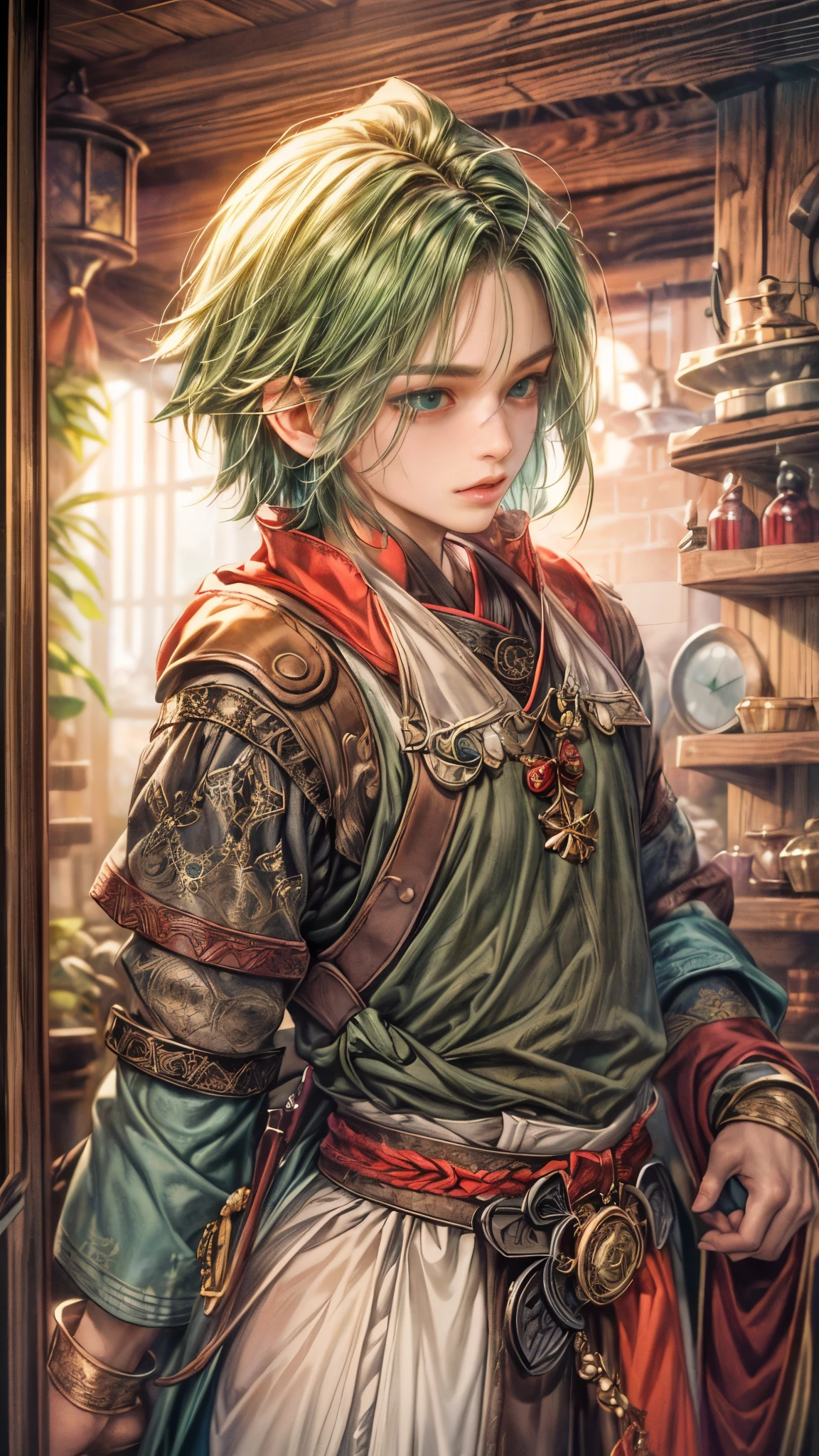 (absurdres, highres, ultra detailed, HDR), masterpiece, intricate, best quality, portrait of a handsome hero from Final Fantasy IX, green hair, short hair, korean face, anime eyes, prince outfit detailed interiors of an rpg weapon shop, showing forest in the windows , detailed character