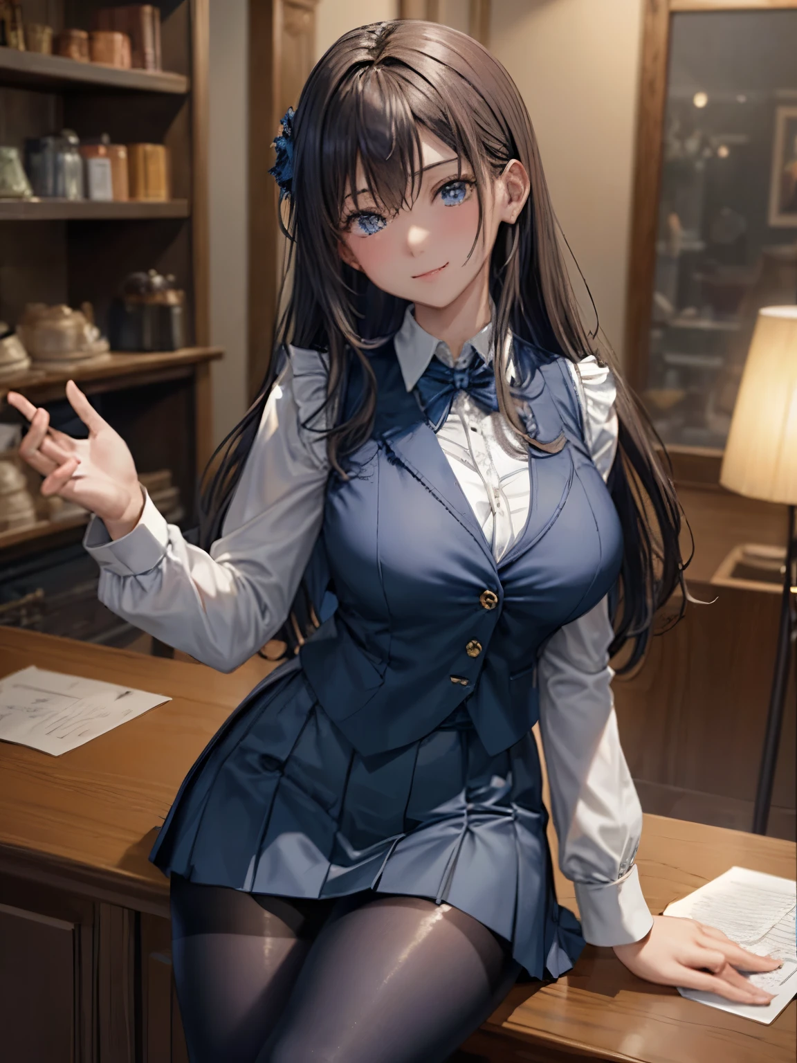 (highest quality: 1.3), (masterpiece: 1.3), (super detailed: 1.3), (wallpaper, one girl: 1.1)、(delicate hands and fingers:1.2)、(Fine, super oily and shiny skin:1.1)、oily shiny thighs、reception、White shirt with collar and buttons、(Beautiful dark blue suit vest:1.4)、(Dark blue tight skirt:1.4)、(black pantyhose:1.3)、brown hair、smile、(beautiful big breasts:1.3)、straight hair、beautiful sister、sexy pose、Department store、service counter、stretch