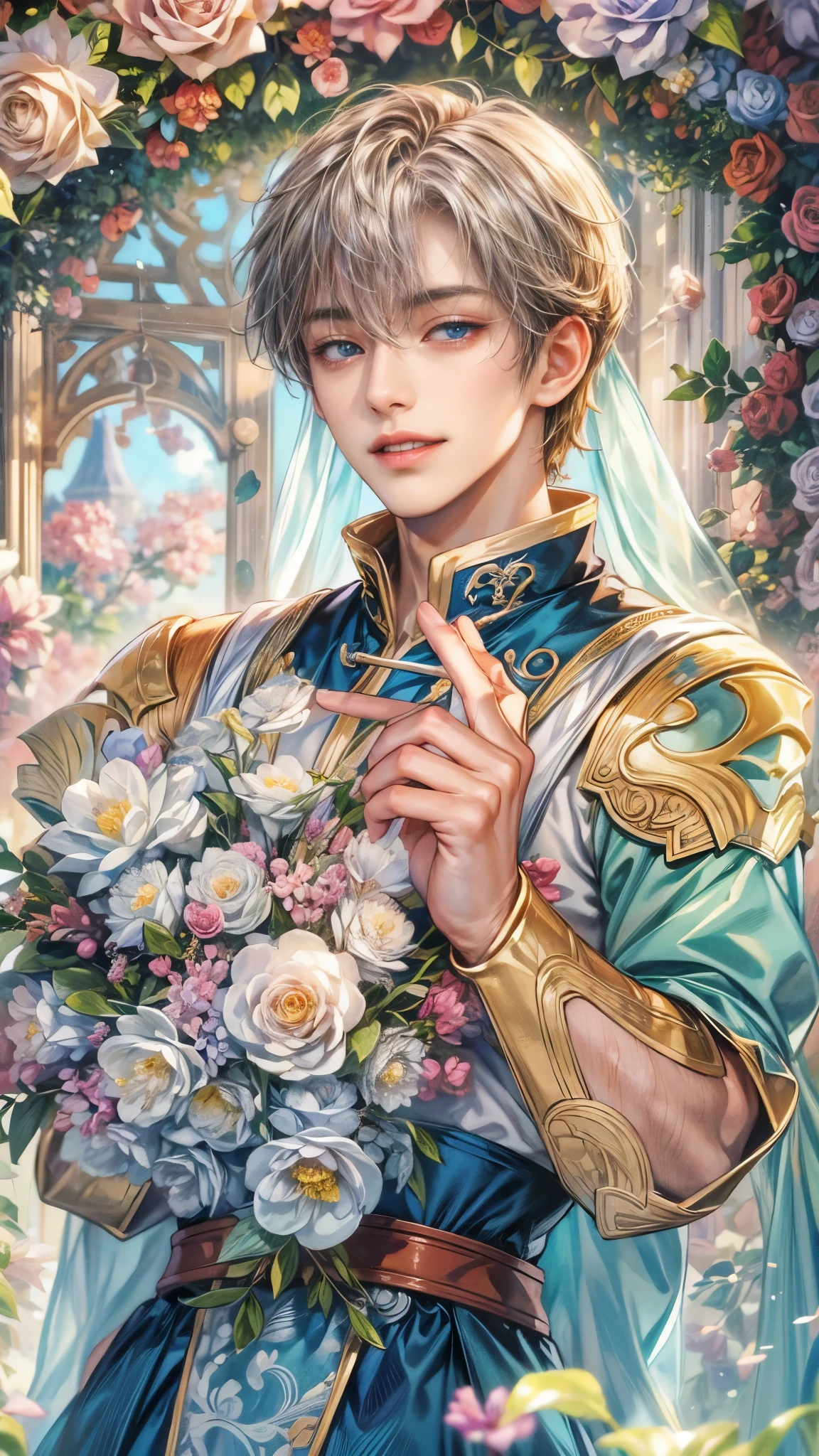 (absurdres, highres, ultra detailed, HDR), masterpiece, intricate details, best quality close-up picture of a character from suikoden, a character with handsome looks, korean face, original hair, short hair, anime blue eyes, smirking face, matured teen, royal wedding theme outfit showing chest, crop top, detailed garden wedding setting background, colorful roses scenery, detailed character, art kenouji