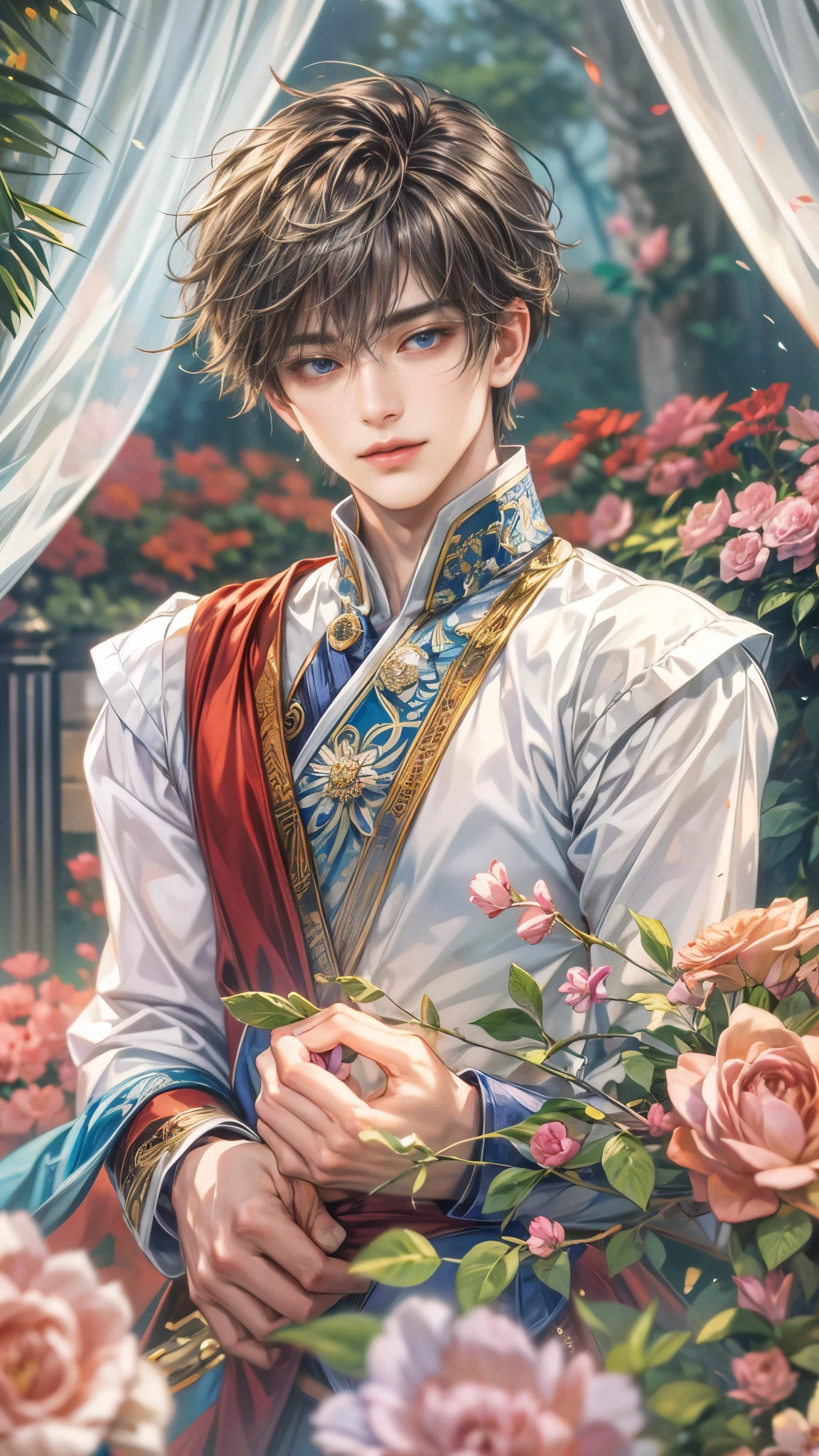 (absurdres, highres, ultra detailed, HDR), masterpiece, intricate details, best quality close-up picture of a character from suikoden, a character with handsome looks, korean face, original hair, short hair, anime blue eyes, smirking face, matured , royal wedding theme outfit showing chest, crop top, detailed garden wedding setting background, colorful roses scenery, detailed character, art kenouji