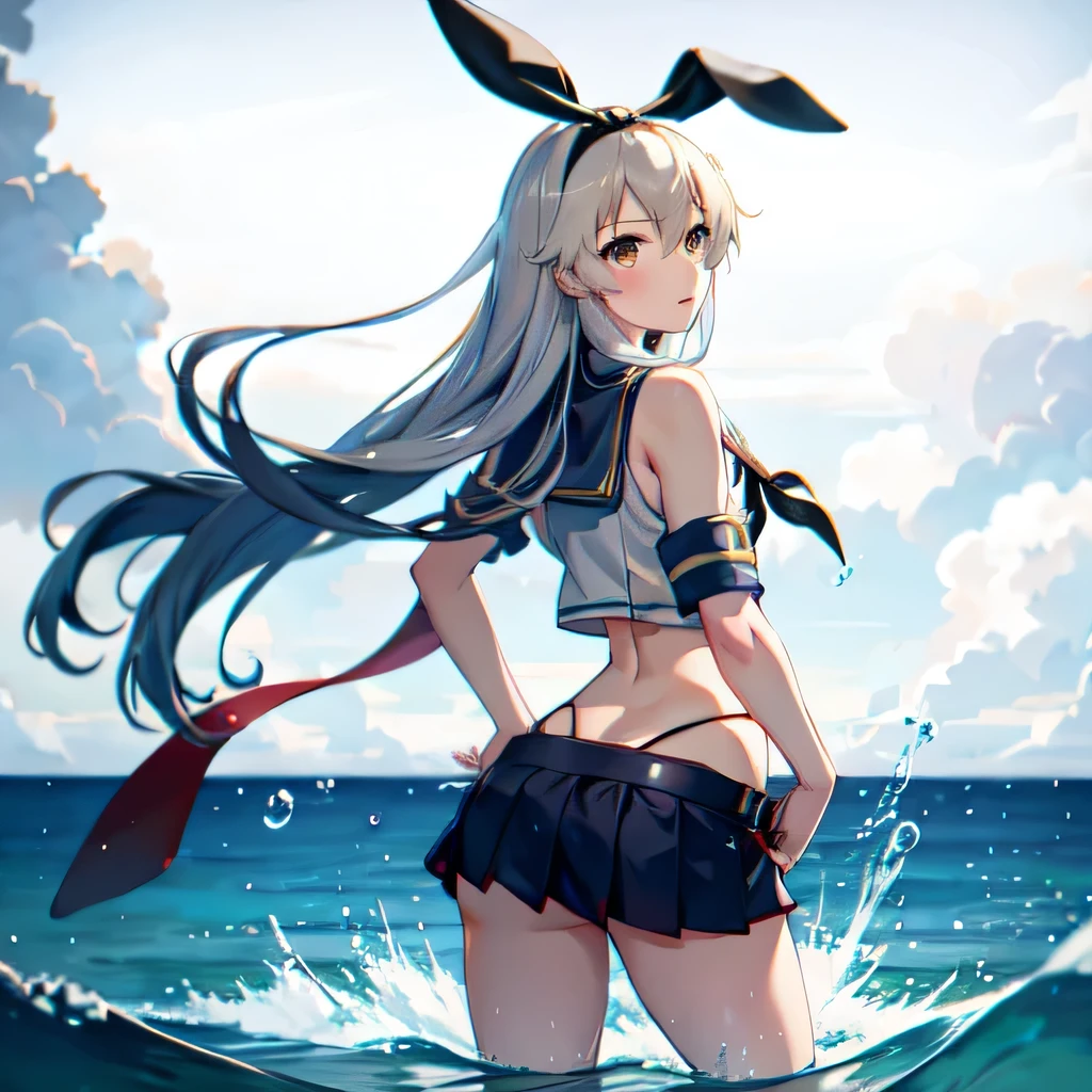 shimakaze (kancolle), abstract scene, water, anime coloring, anime art, 1girl, sleeveless, blue miniskirt, cowboy shot